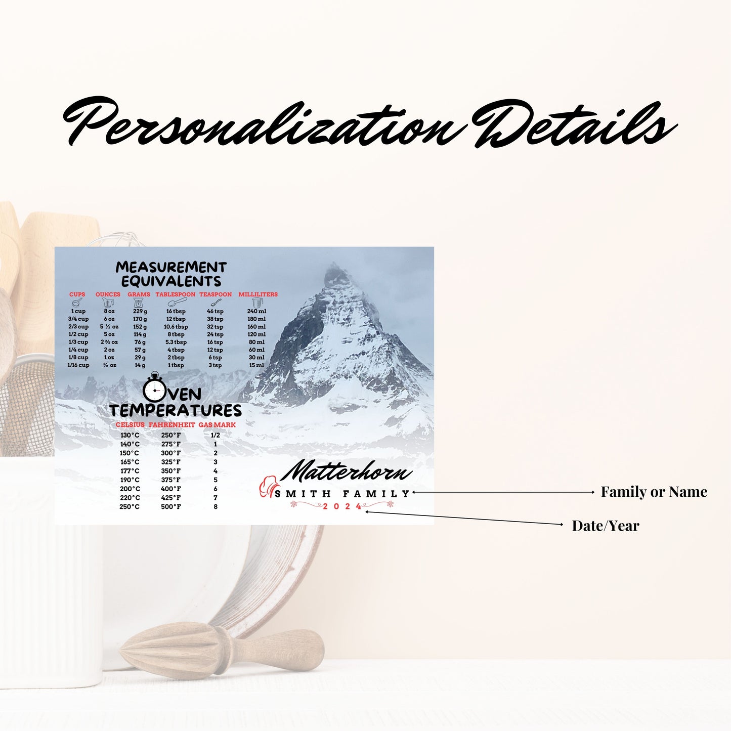 Personalized Tempered Glass Cutting Board,  2 Sizes, Matterhorn Zermatt Switzerland w/Measurement Conversion, Housewarming Travel Gift