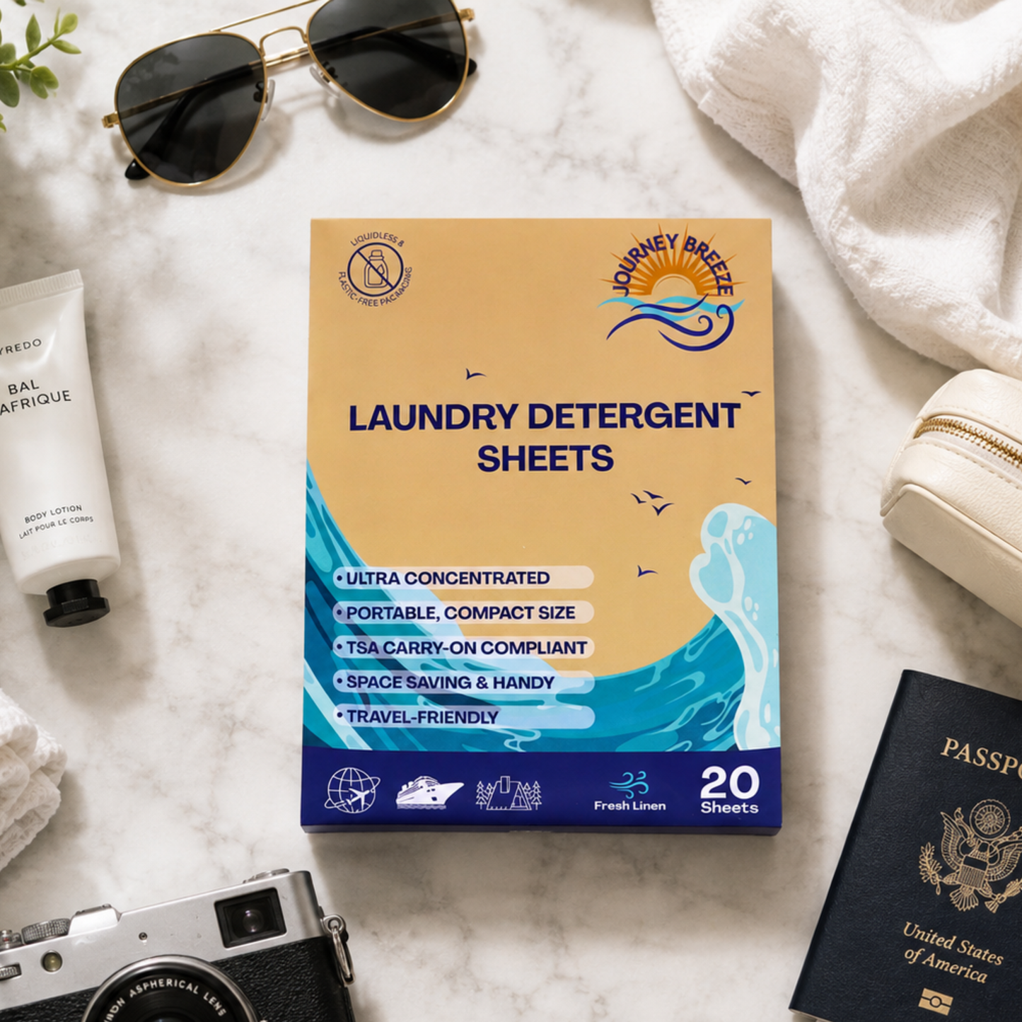 Travel Laundry Detergent Sheets 60 count – Hand & Machine Wash, TSA-Friendly & Compact | Journey Breeze