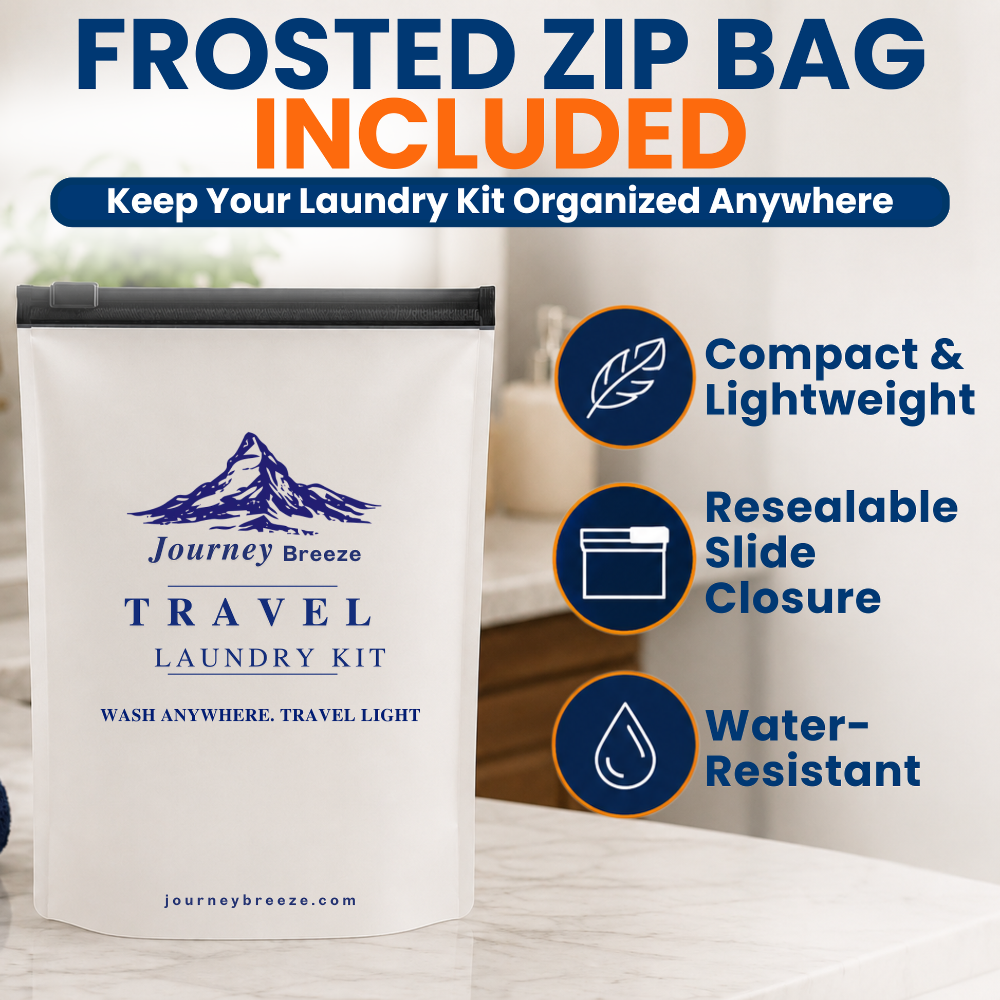 Journey Breeze frosted zip bag for organizing compact travel laundry supplies