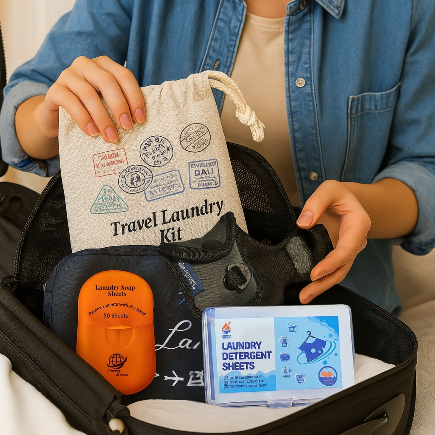 Journey Breeze Travel Laundry Detergent Kit - Includes 2 Sizes of Detergent Sheets, Sink Stopper, Clothesline, Laundry Bag, Canvas Storage Bag and Zipper Pouch - TSA Compliant, Mess-Free