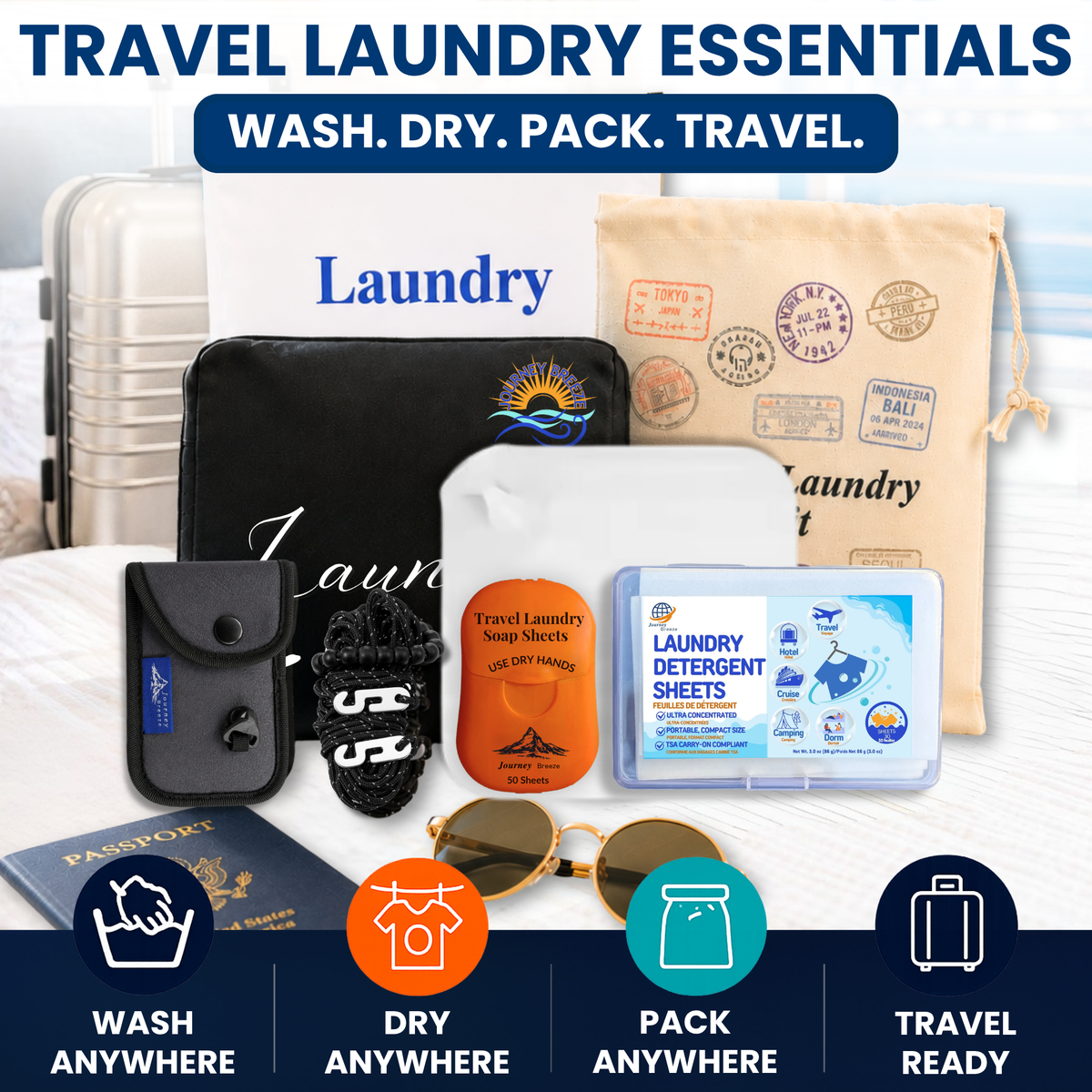 Journey Breeze complete travel laundry essentials kit with detergent sheets, laundry bag, clothesline and storage accessories