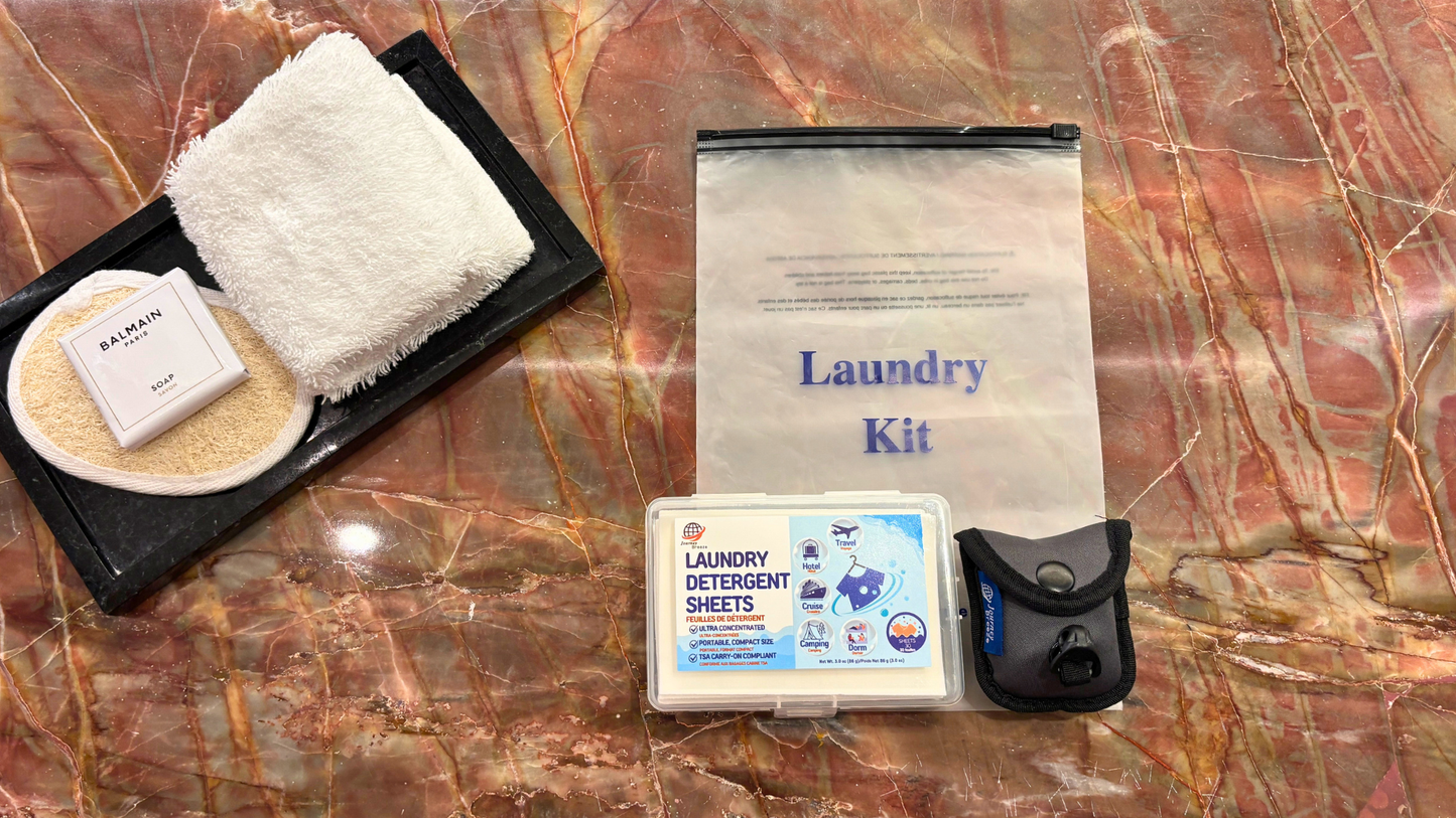 Journey Breeze Travel Laundry Kit with laundry detergent sheets, portable clothesline, and frosted travel storage bag for hotel, cruise, and vacation laundry.