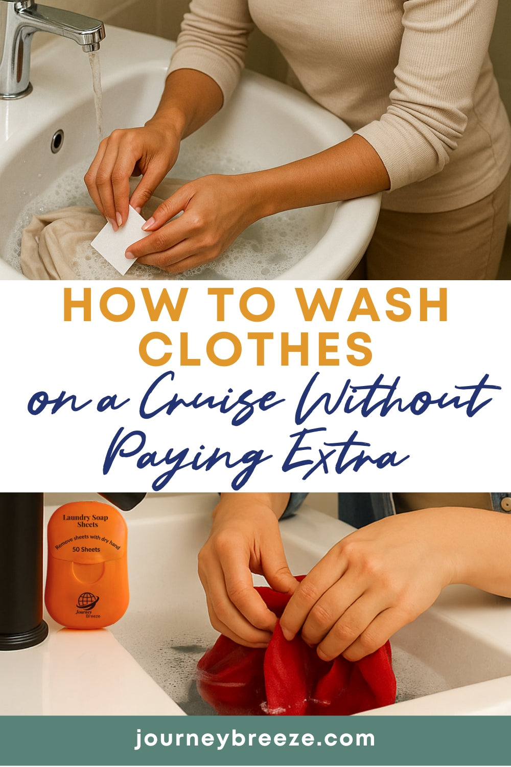 Person washing clothes in a sink with text overlay about cruise laundry tips.