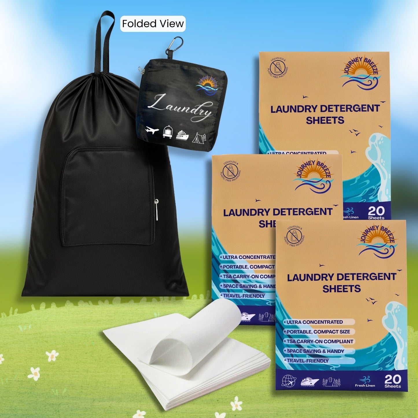 Travel Laundry Detergent Sheets, 3 Packs (20 Sheets) with Foldable Laundry Bag