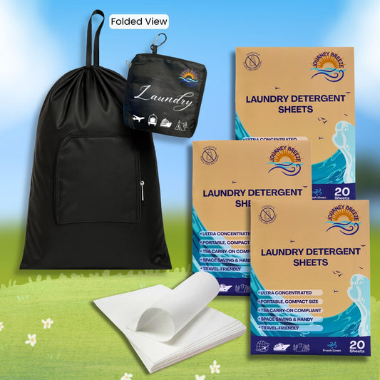 Travel Laundry Detergent Sheets, 3 Packs (20 Sheets) with Foldable Laundry Bag
