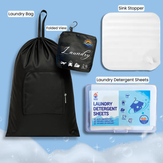 Travel Laundry Detergent Sheets (30 count) Bathroom Sink Stopper and Foldable Laundry Bag