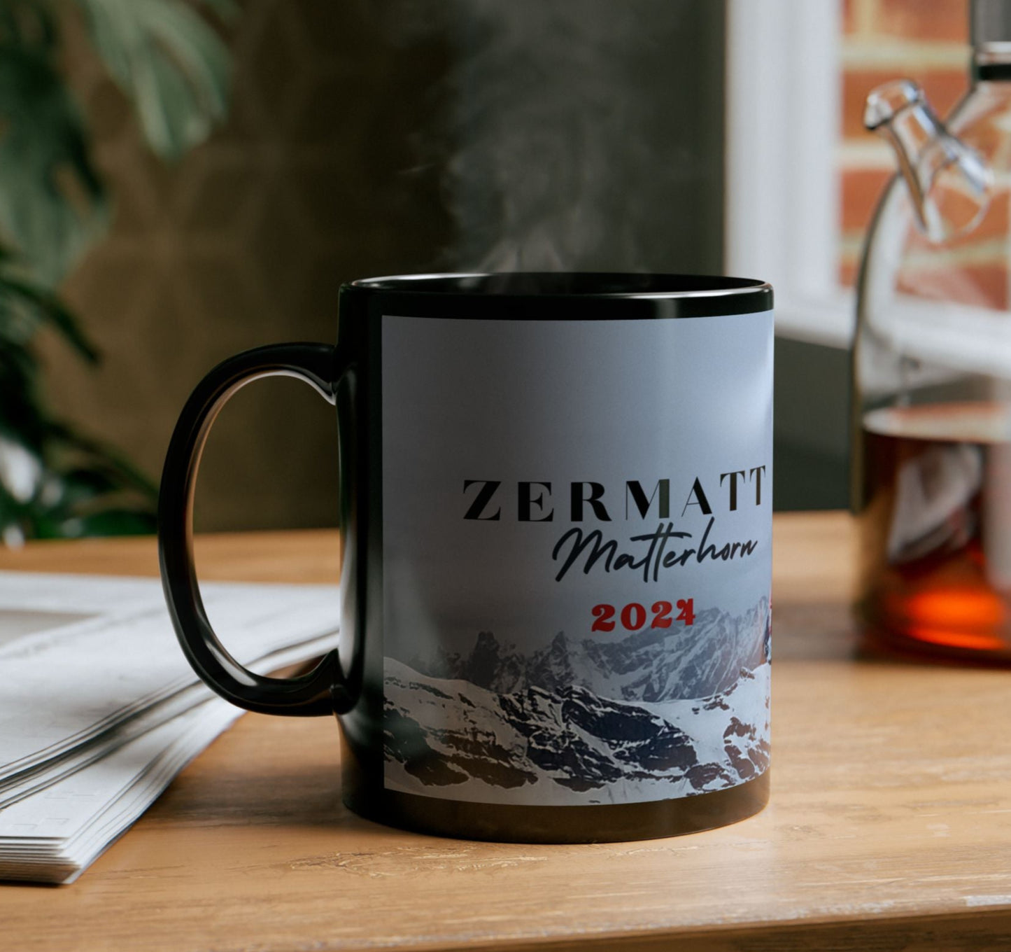 Matterhorn Winter Travel Mug, Custom Black Mug, Custom Design Black Mug, Custom Text Photo Black Mug 11oz or 15oz