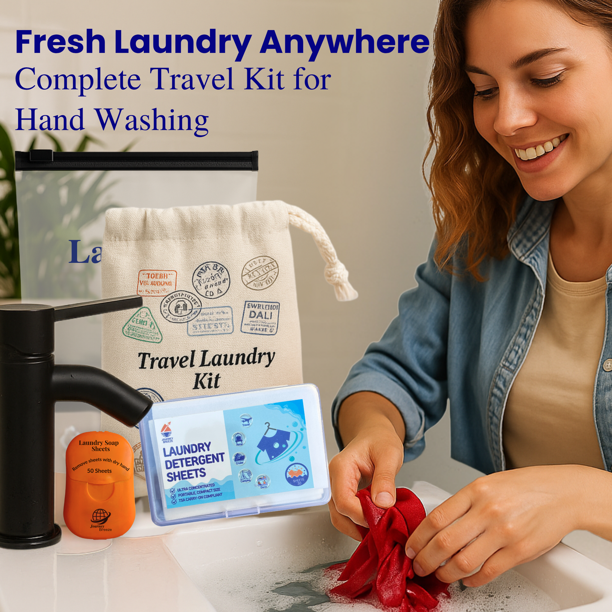 Person hand washing clothes in a sink using a travel laundry kit.