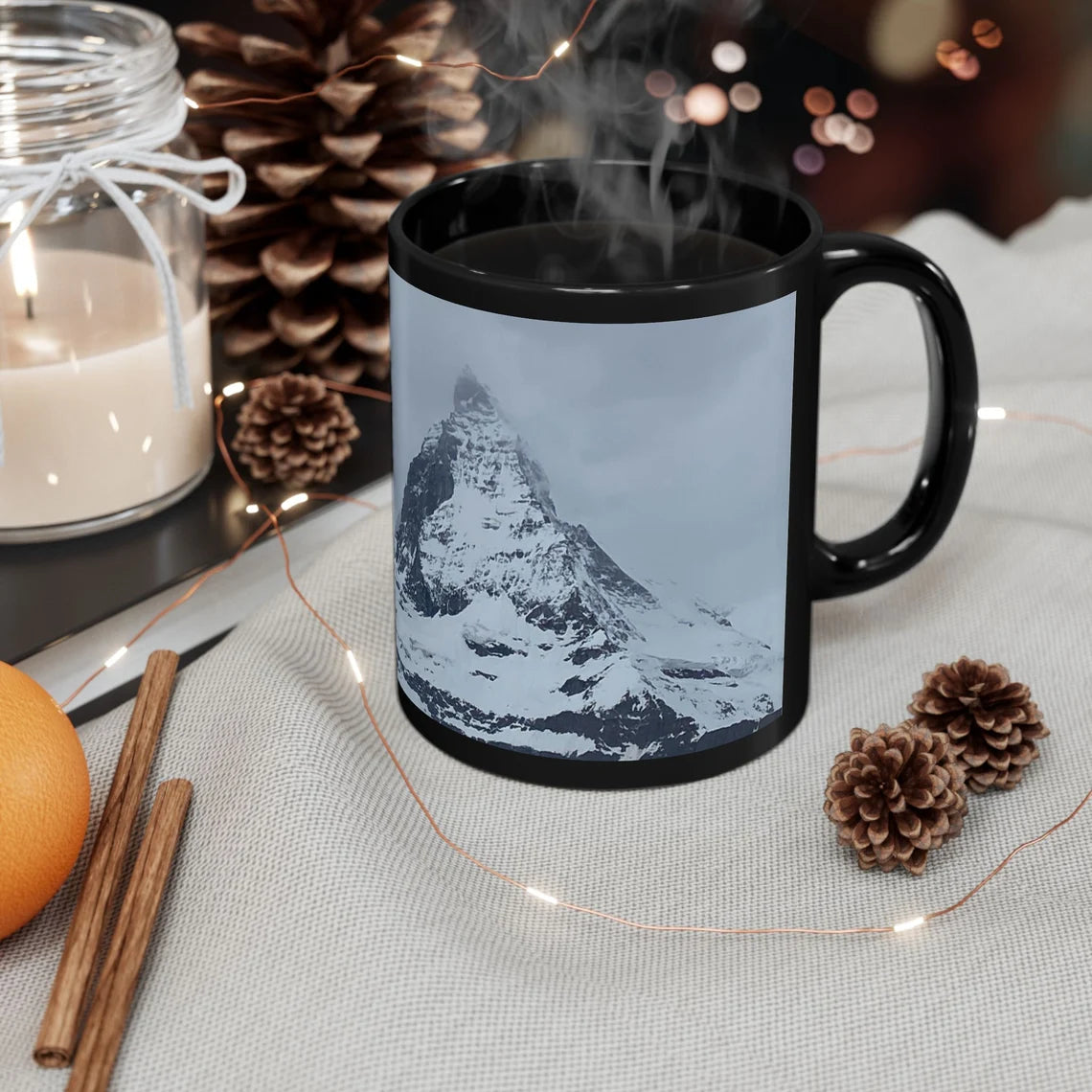 Matterhorn Winter Travel Mug, Custom Black Mug, Custom Design Black Mug, Custom Text Photo Black Mug 11oz or 15oz