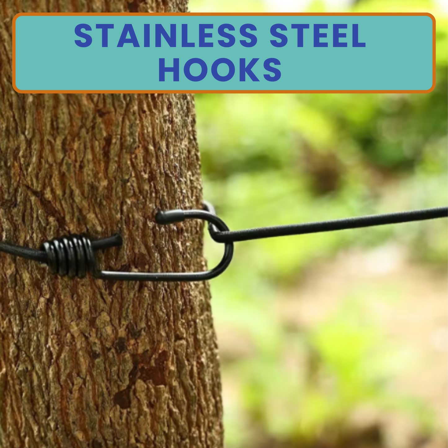 Stainless steel hook attached to a tree with a blurred natural background