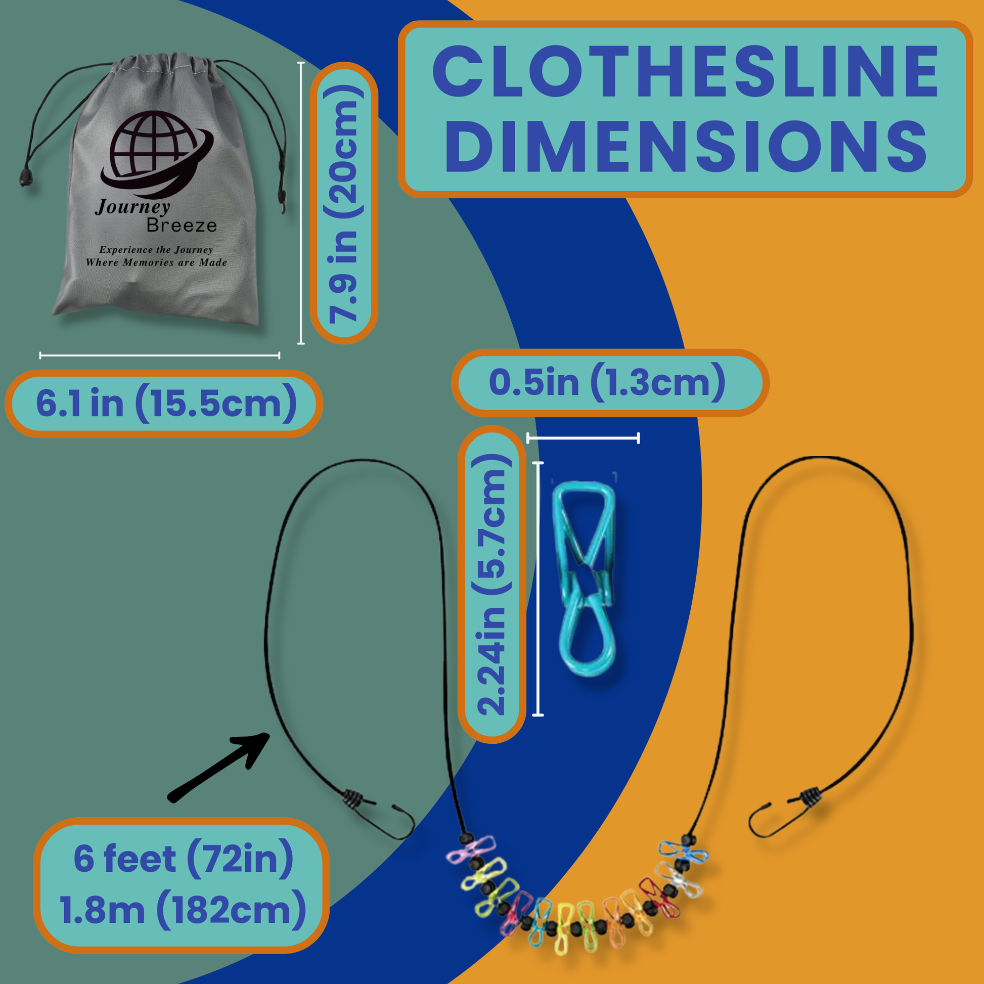 Clothesline with clips displaying measurements for cord, hooks, and pouch