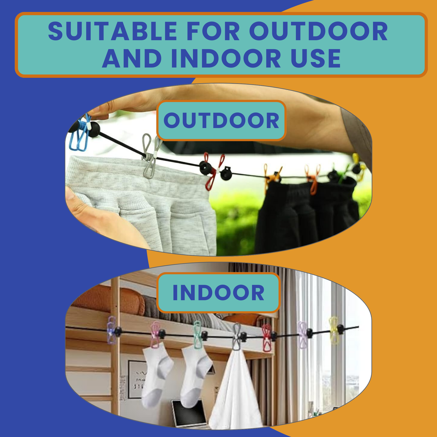 Travel clothesline with clips used outdoors and indoors for drying clothes.