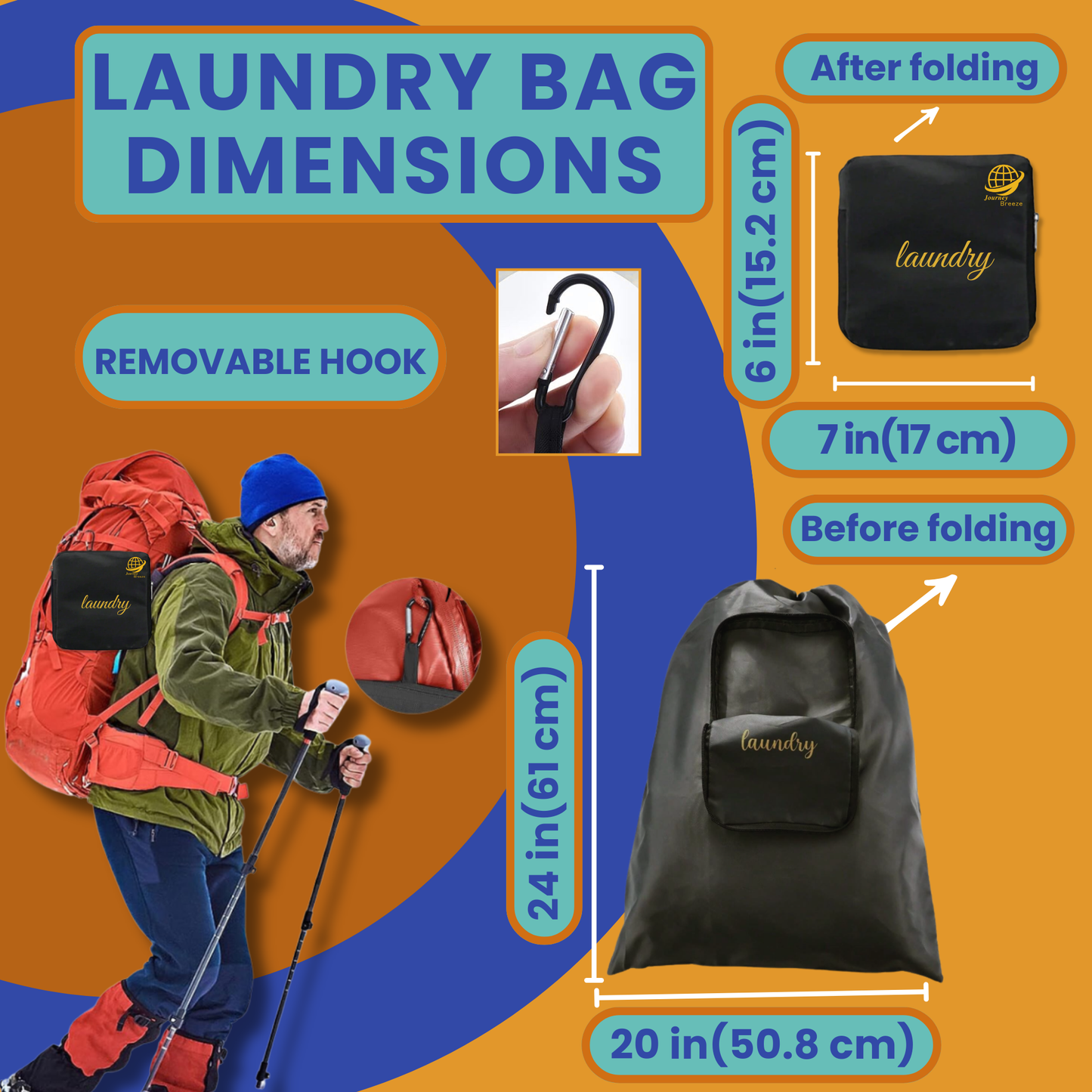 Foldable travel laundry bag showing dimensions before and after folding with removable hook