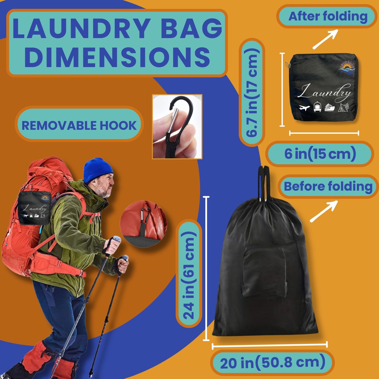 Journey Breeze foldable travel laundry bag showing full size and compact folded dimensions with removable hook