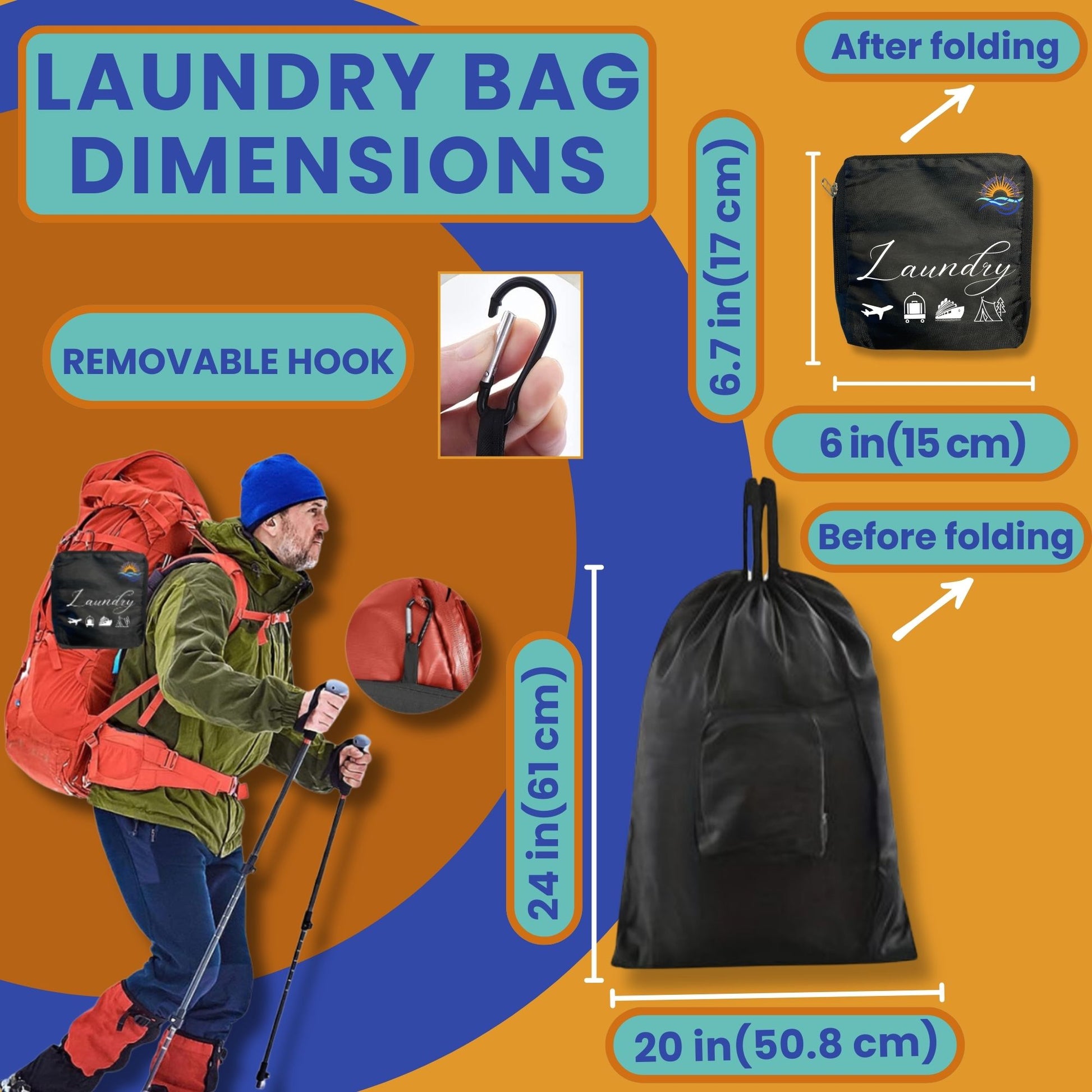 Journey Breeze foldable travel laundry bag showing full size and compact folded dimensions with removable hook