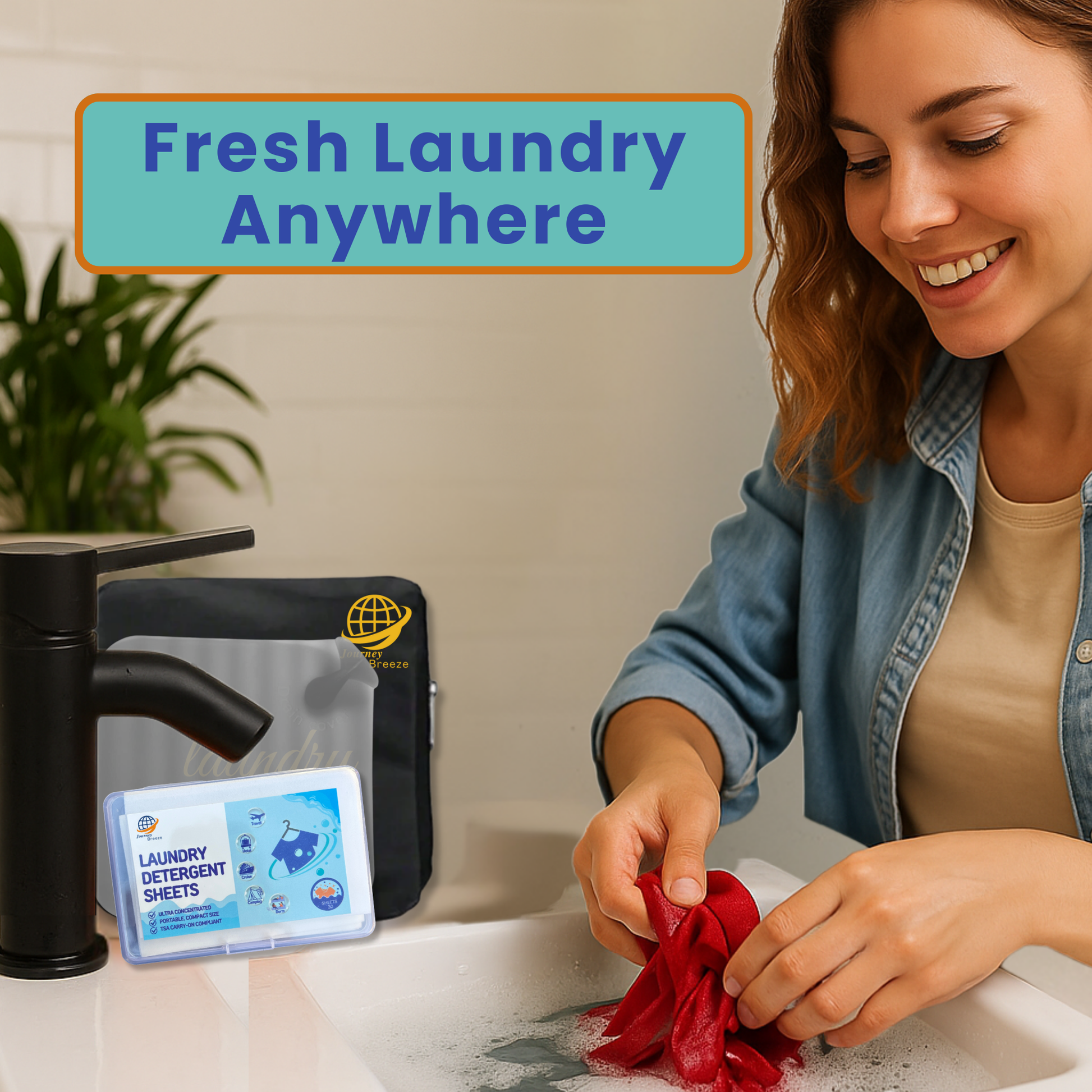 Woman hand washing clothes in a sink using Journey Breeze travel laundry detergent sheets
