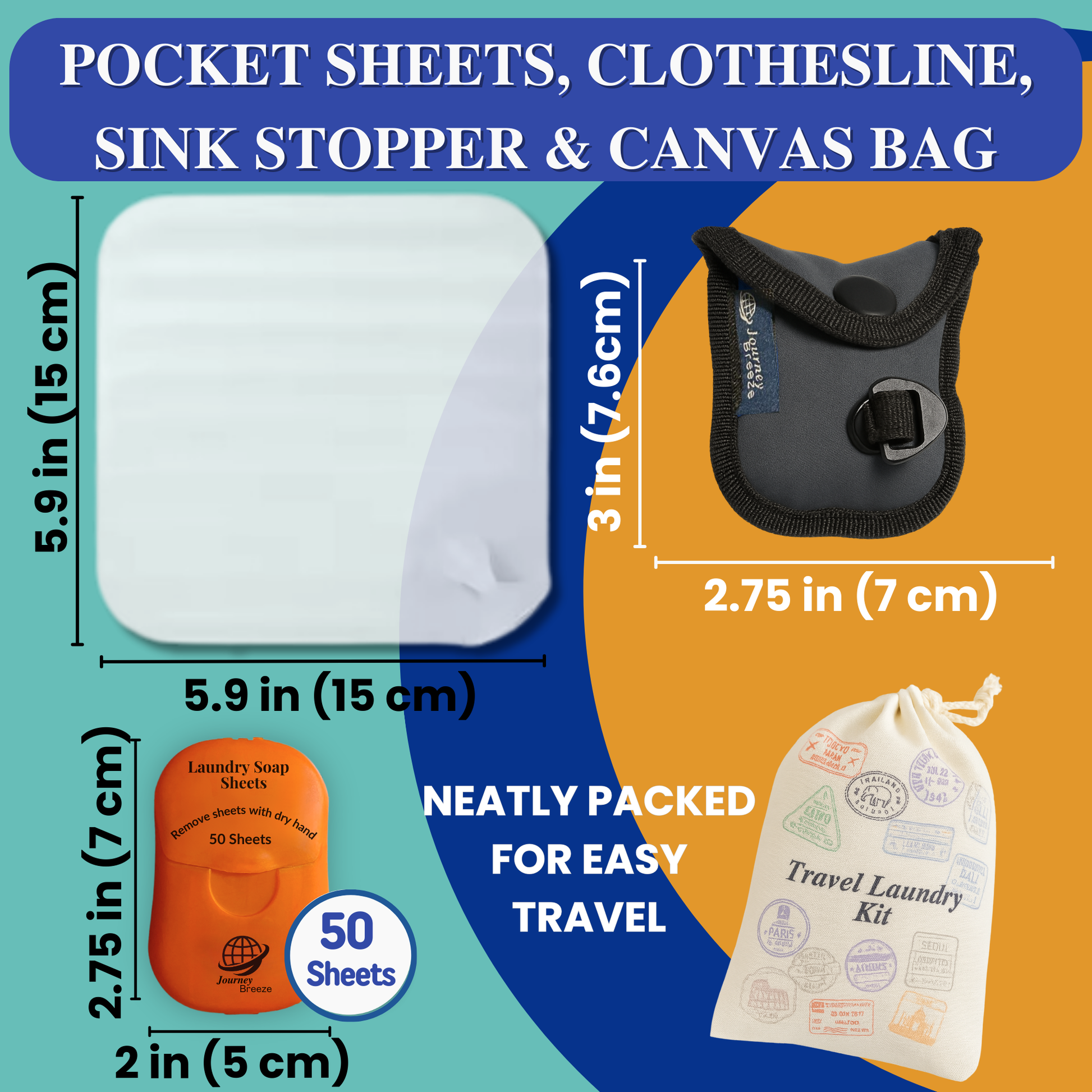 Travel laundry kit showing pocket laundry sheets, clothesline, sink stopper, and canvas bag with sizes