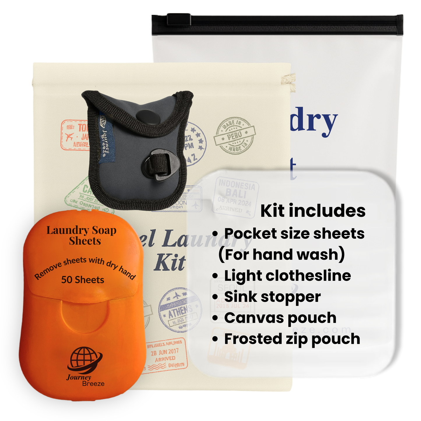Hand wash travel laundry kit with detergent sheets, clothesline, sink stopper, canvas and zip pouch
