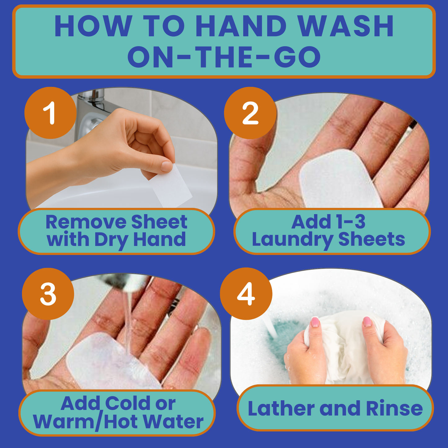 Step-by-step guide showing how to hand wash clothes on the go using Journey Breeze laundry detergent sheets