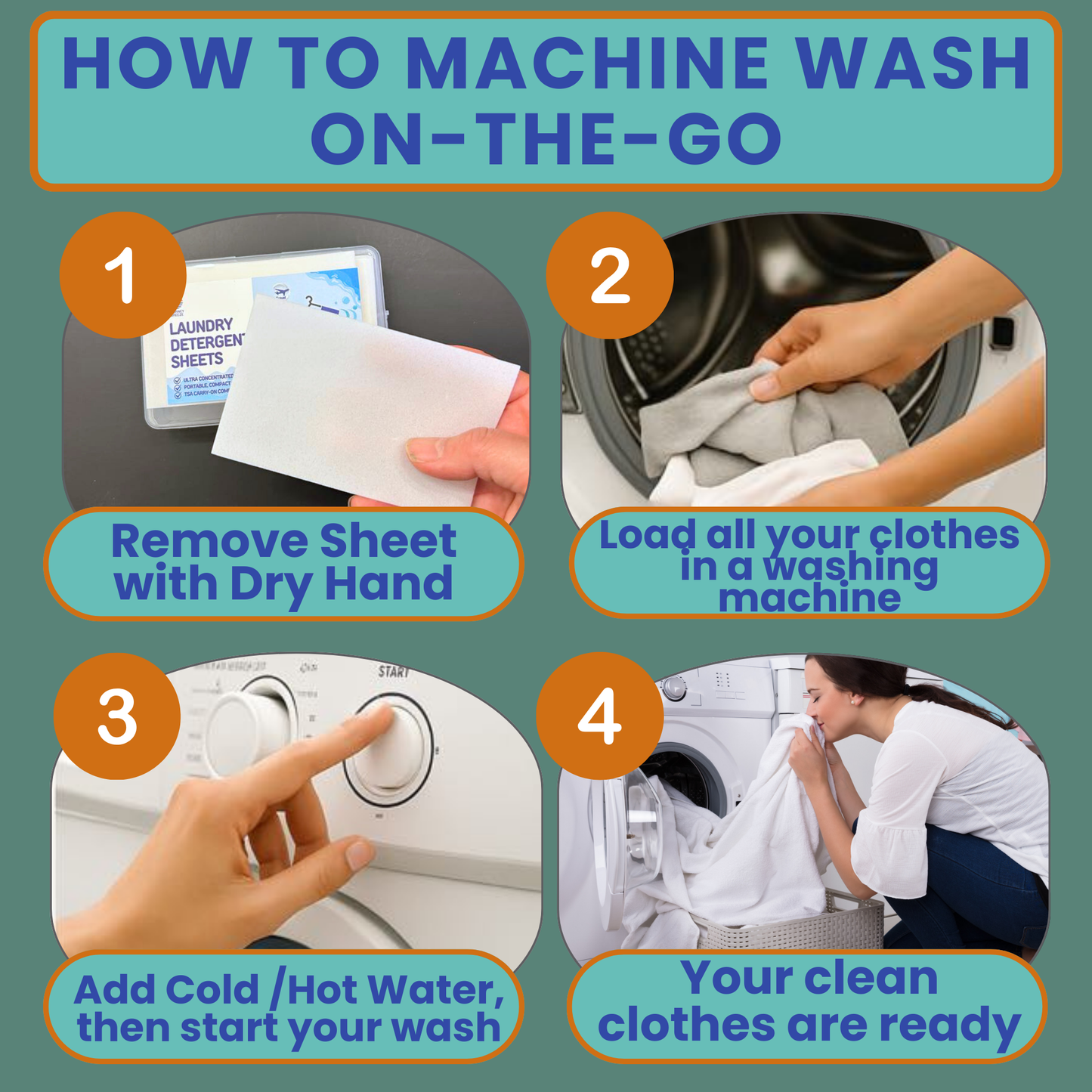 Step-by-step guide showing how to machine wash clothes on the go using Journey Breeze laundry detergent sheets