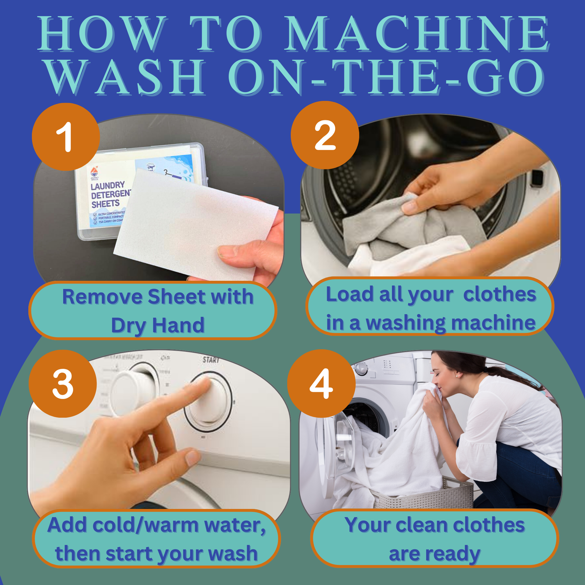 Step-by-step guide showing how to machine wash clothes using laundry detergent sheets