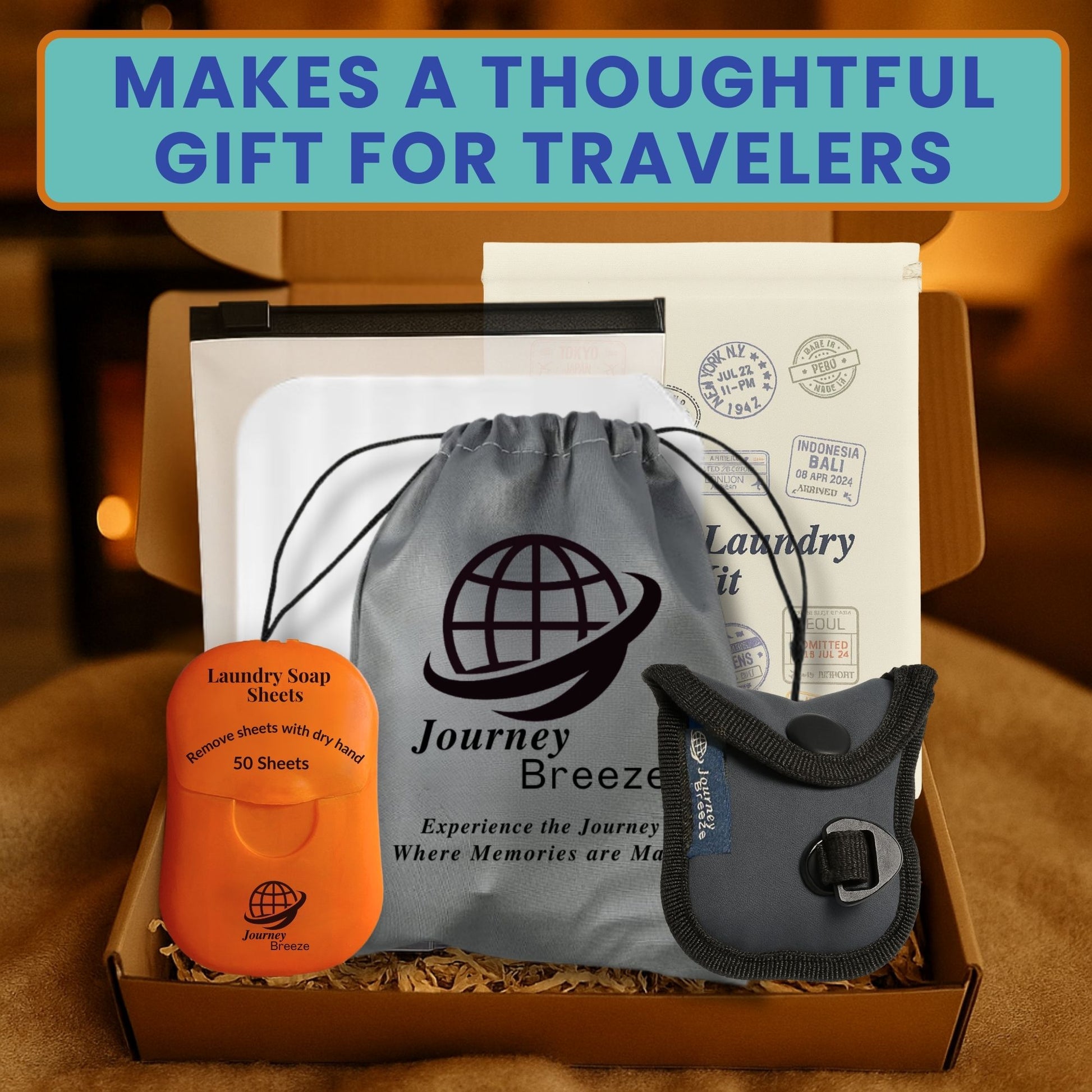 Box containing 'Journey Breeze' laundry products with text 'Makes a Thoughtful Gift for Travelers'.