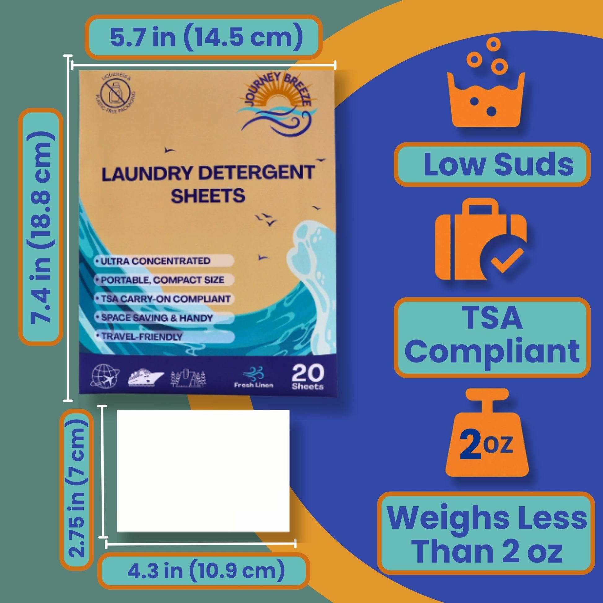 Journey Breeze laundry detergent sheets size guide showing compact sheet dimensions, low suds, TSA compliant, and lightweight under 2 oz