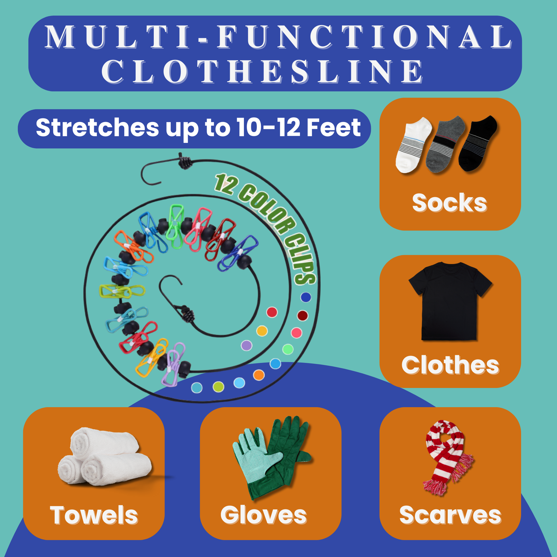 Multi-functional travel clothesline with clips for drying socks, clothes, towels, gloves, and scarves