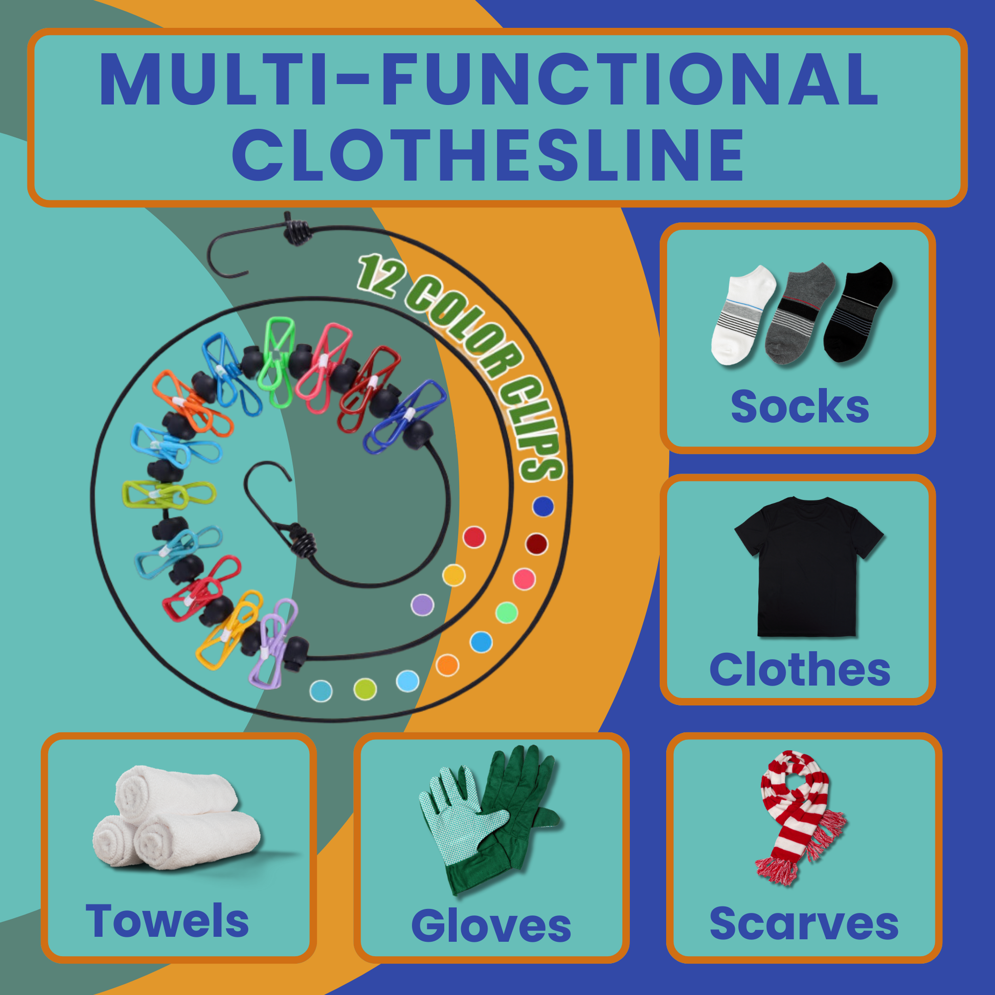 Multi-functional clothesline with color clips and examples of items it can handle.