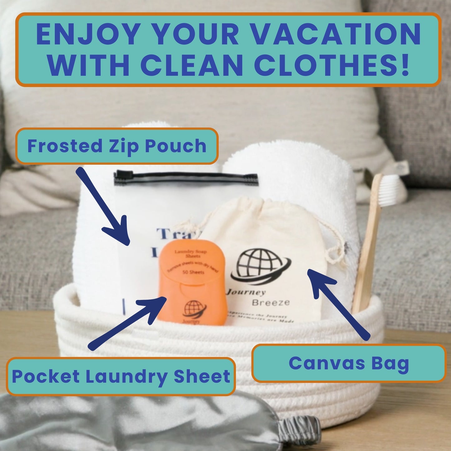 Journey Breeze Pocket Travel Laundry Detergent Sheets set showing detergent case and reusable canvas storage bag