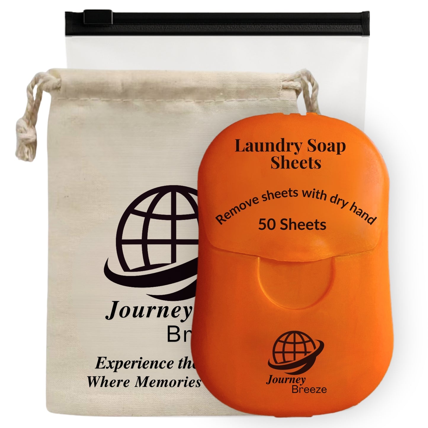 Journey Breeze Pocket Travel Laundry Detergent Sheets with reusable canvas bag and zip pouch for hand washing clothes while traveling