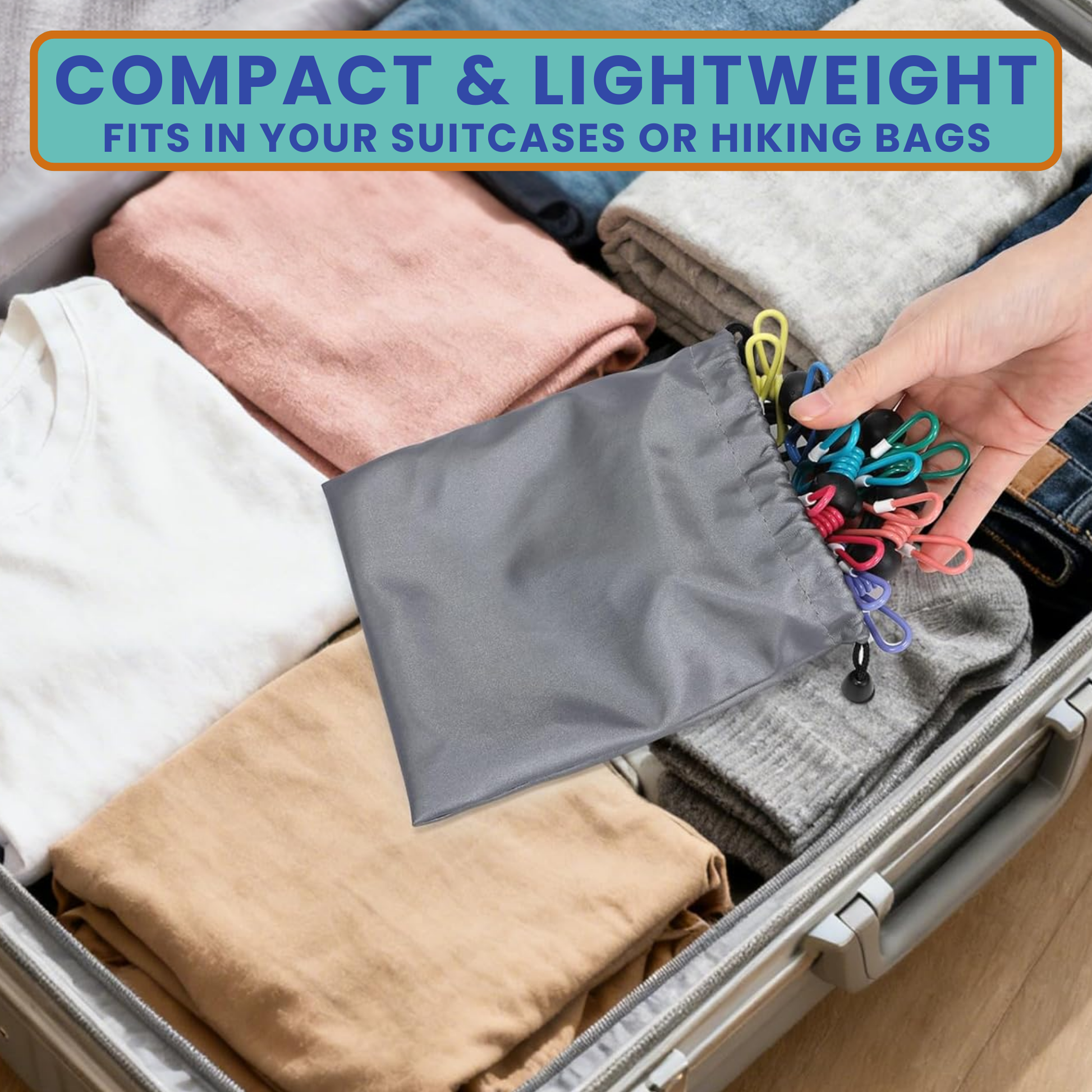 Compact travel clothesline with clips packed in suitcase for lightweight travel storage with text 'Compact & Lightweight Fits in Your Suitcases or Hiking Bags'.