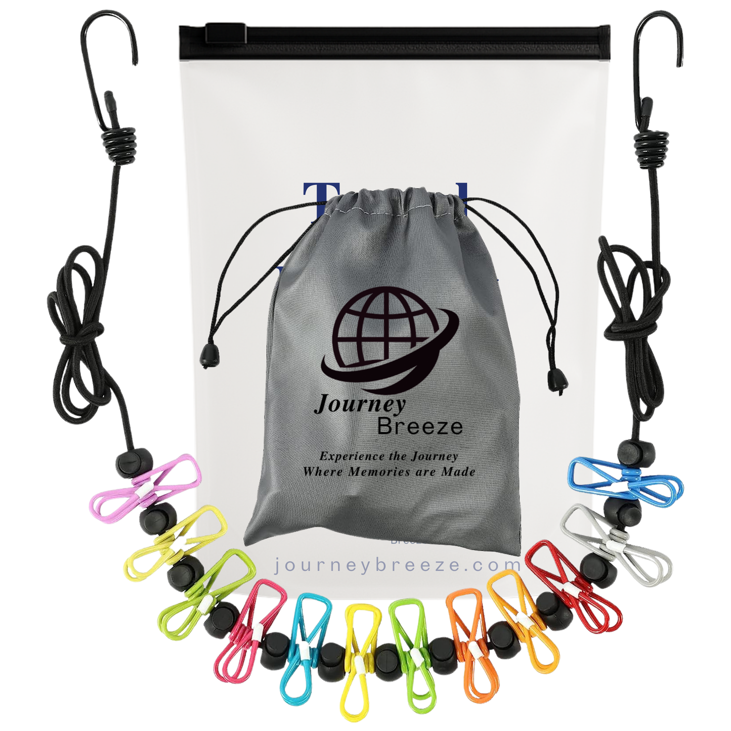 Journey Breeze portable travel clothesline with clips, hooks, and drawstring storage bag
