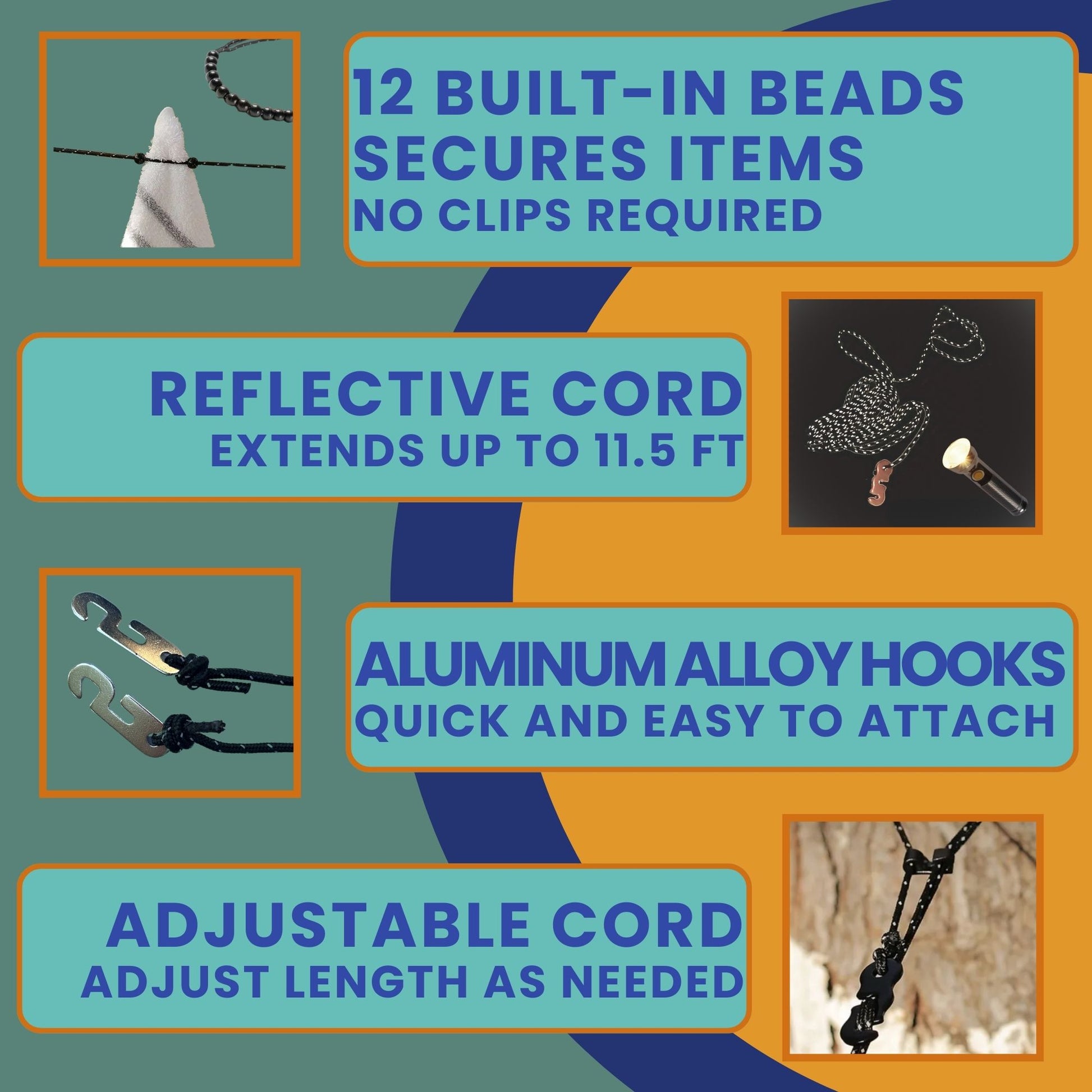 Product features of travel clothesline with built-in beads, adjustable reflective cord, and aluminum hooks