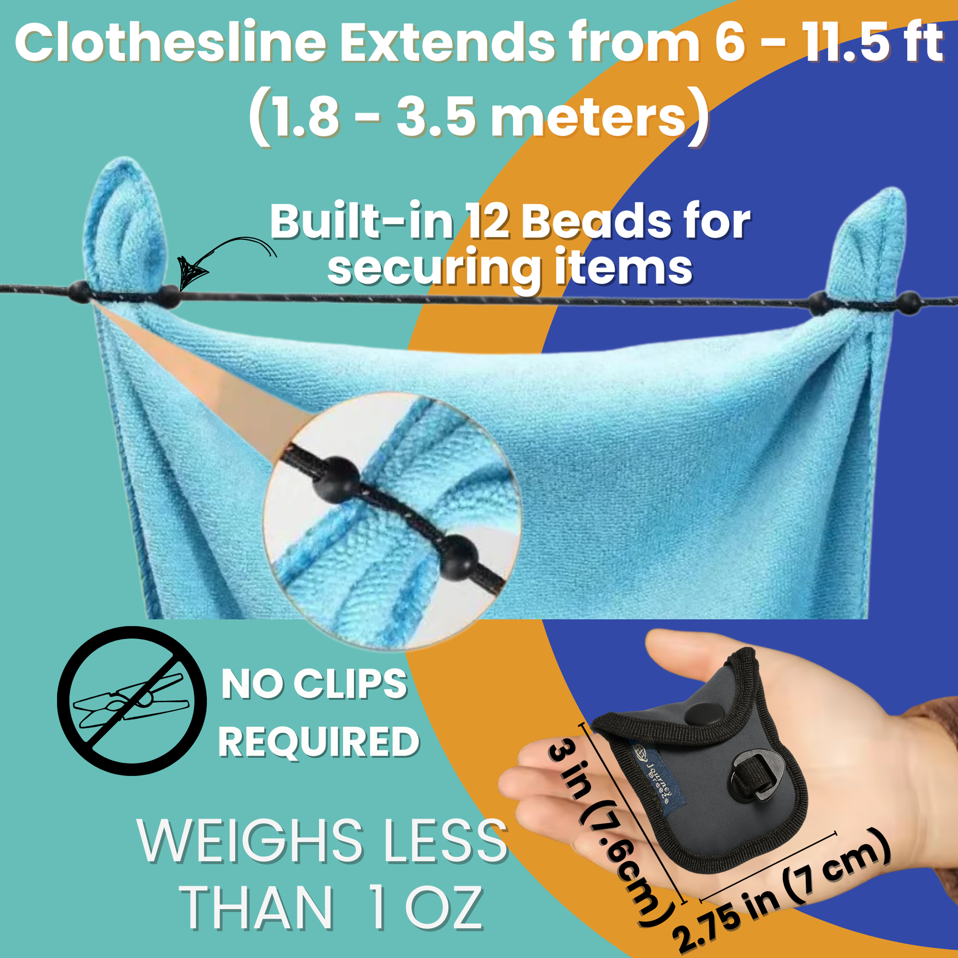 Travel clothesline with built-in beads securing clothes, no clips required, lightweight and compact