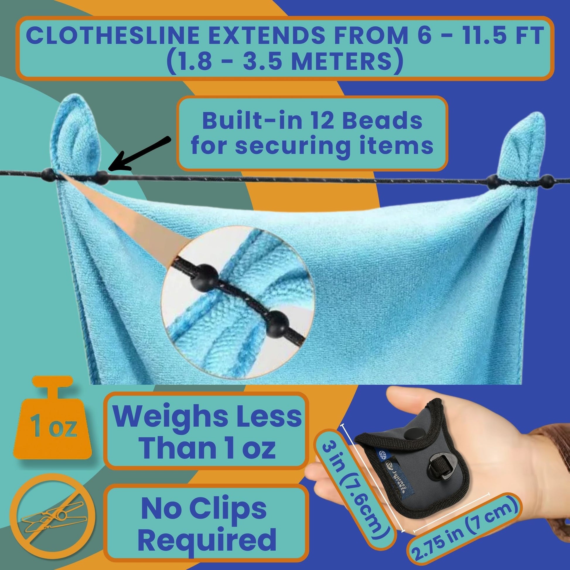 Extendable travel clothesline with built-in beads, no clips needed, lightweight and compact