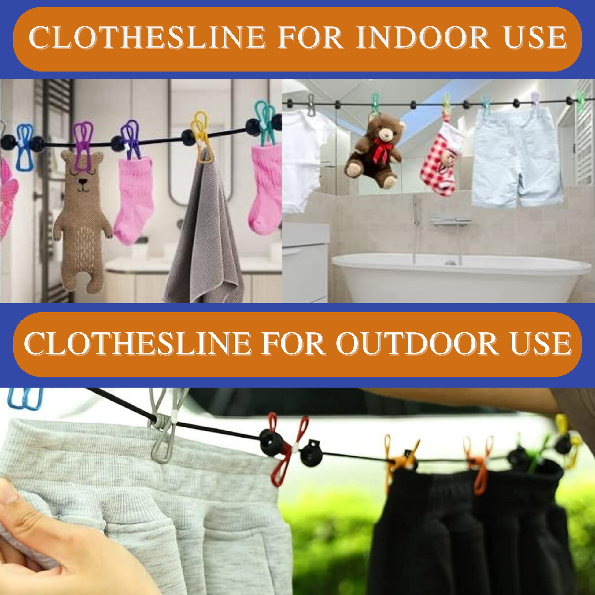 Portable clothesline shown for indoor bathroom use and outdoor drying of clothes