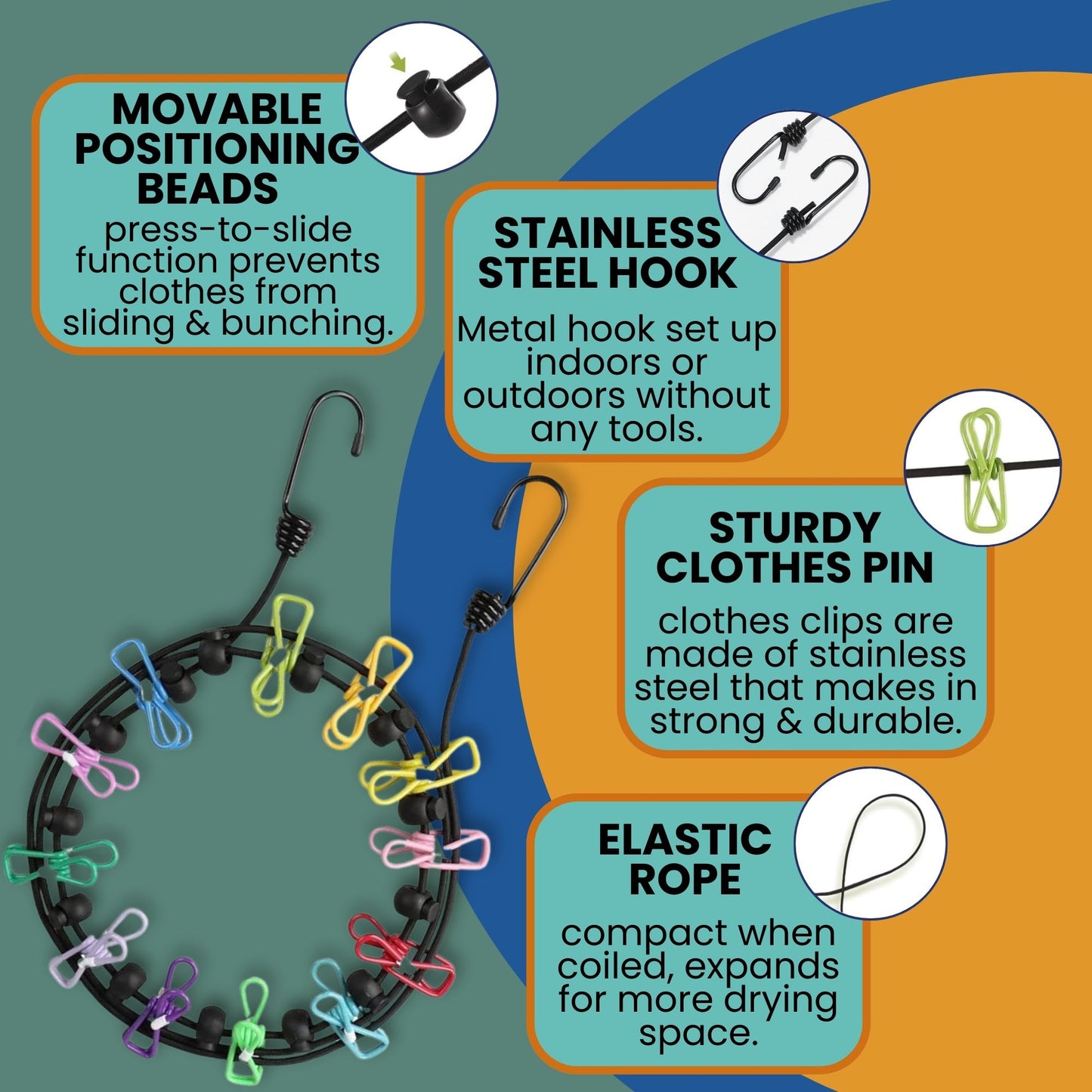 Travel clothesline with clips showing movable beads, elastic rope, stainless steel hooks, and sturdy clothespins