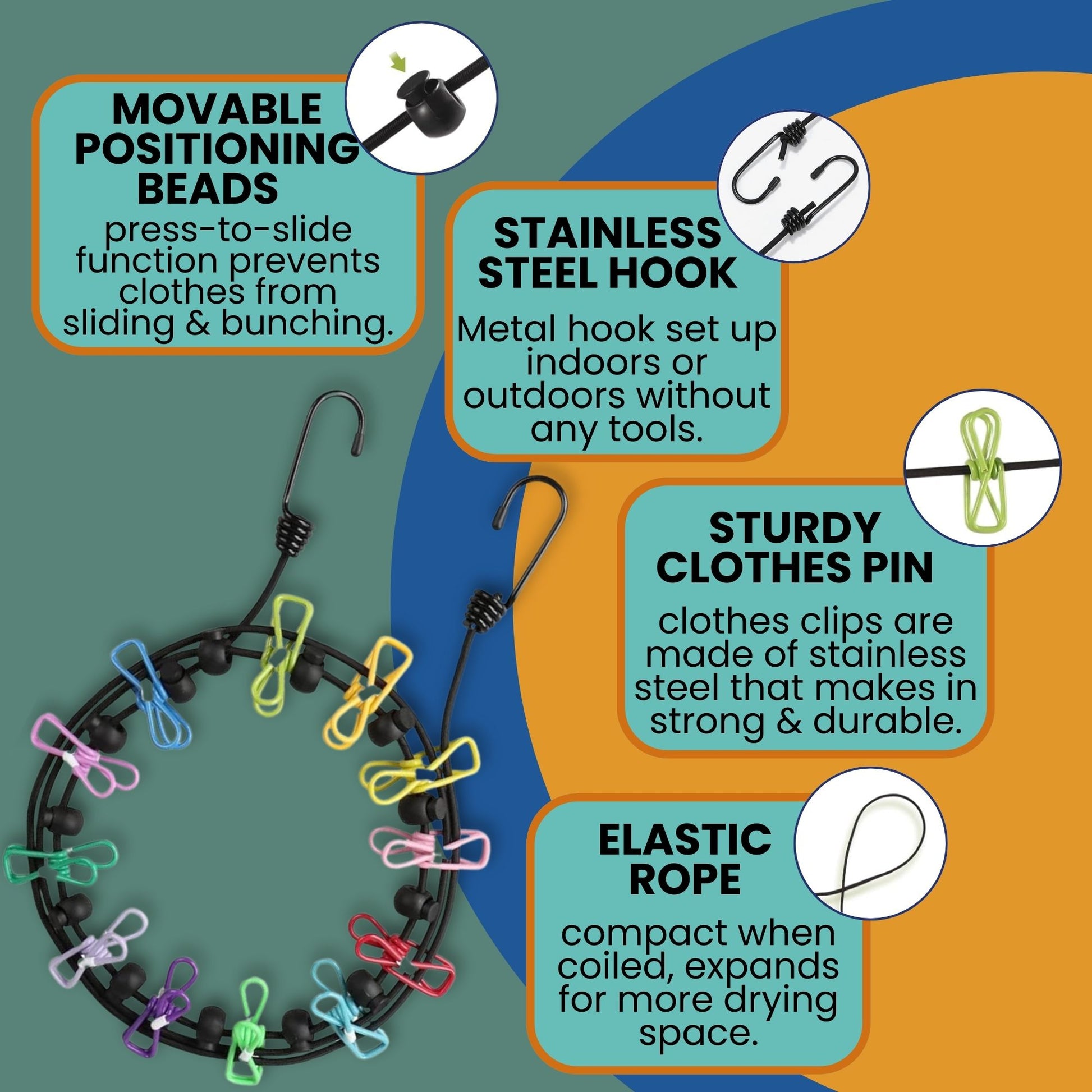 Travel clothesline with clips showing movable beads, elastic rope, stainless steel hooks, and sturdy clothespins