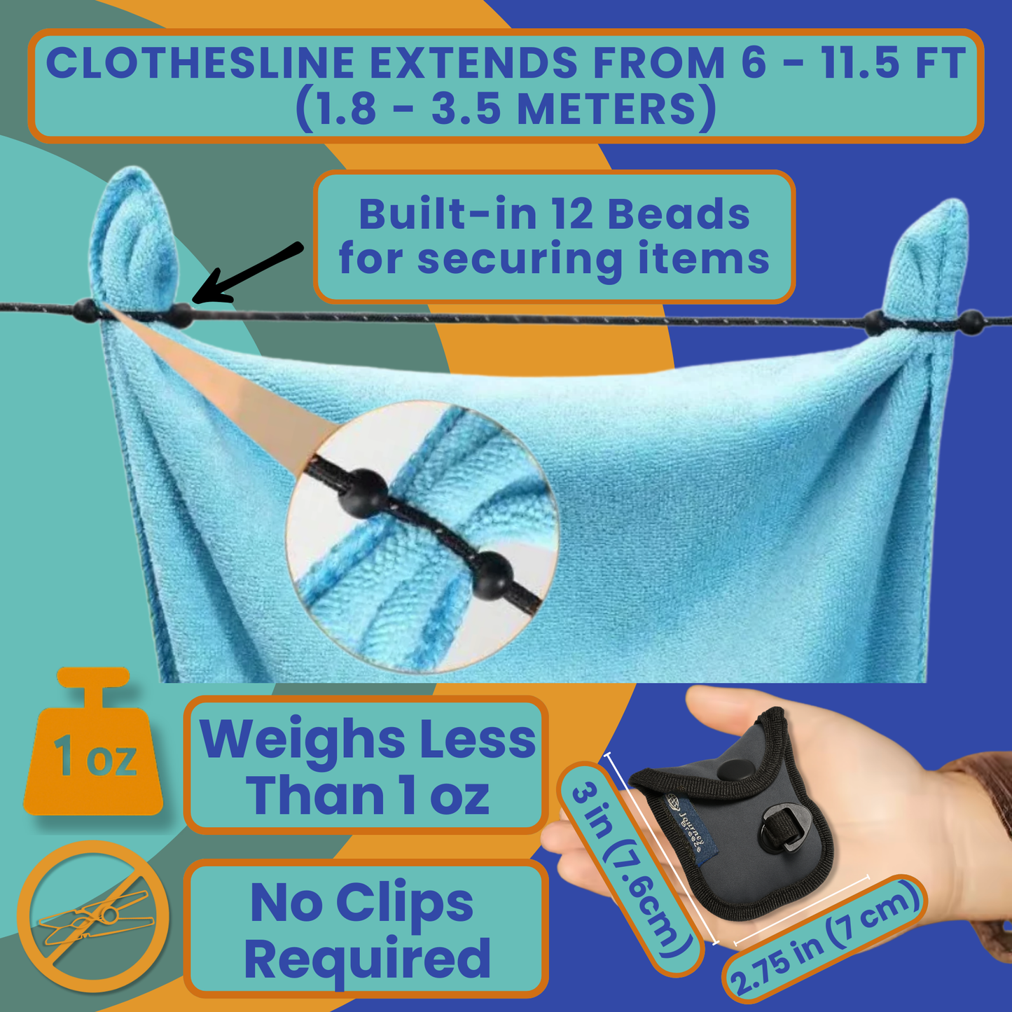 Compact Journey Breeze travel clothesline pouch showing lightweight design, pocket size dimensions, and under 1 oz weight