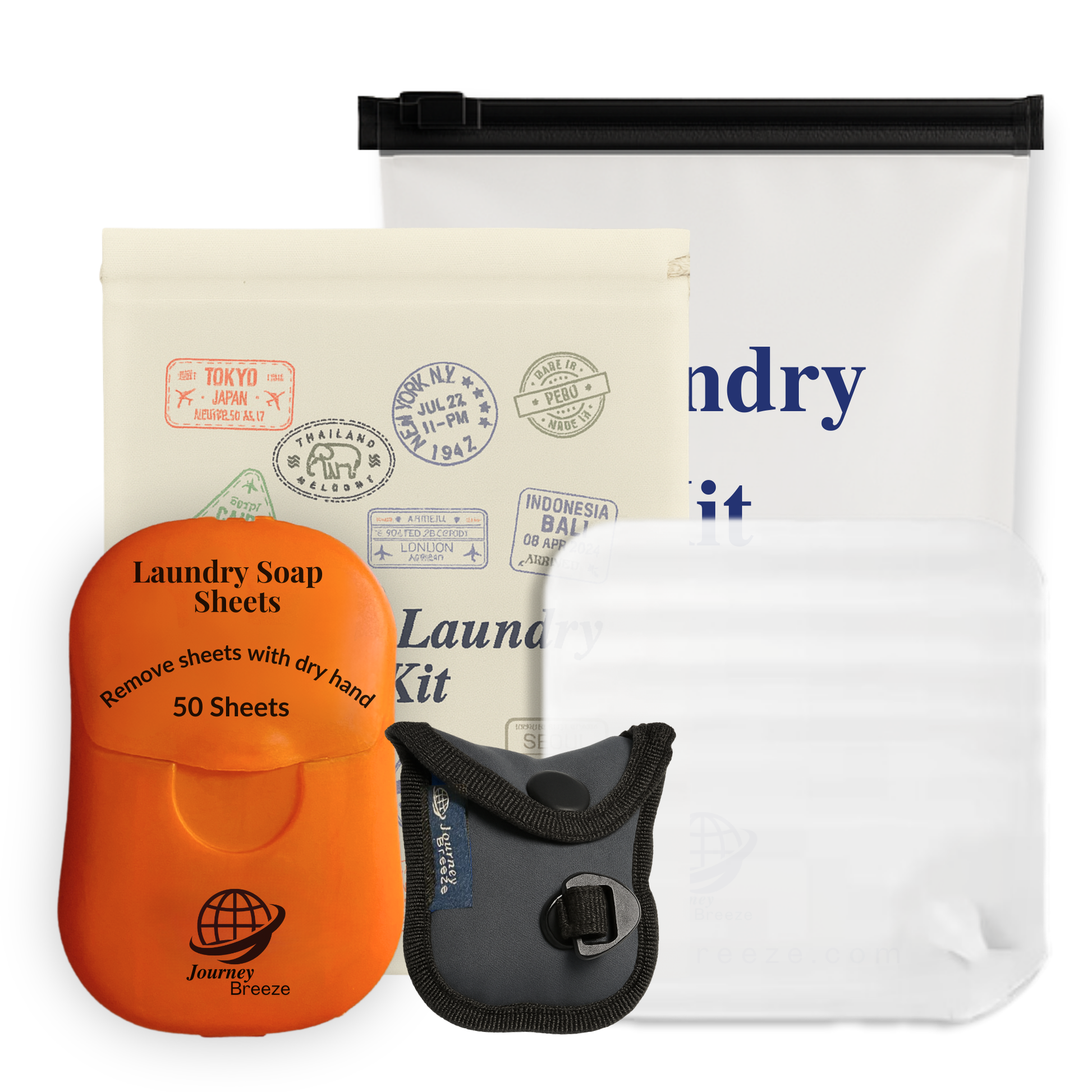 Journey Breeze travel hand-wash laundry kit with detergent sheets, clothesline, and storage pouches