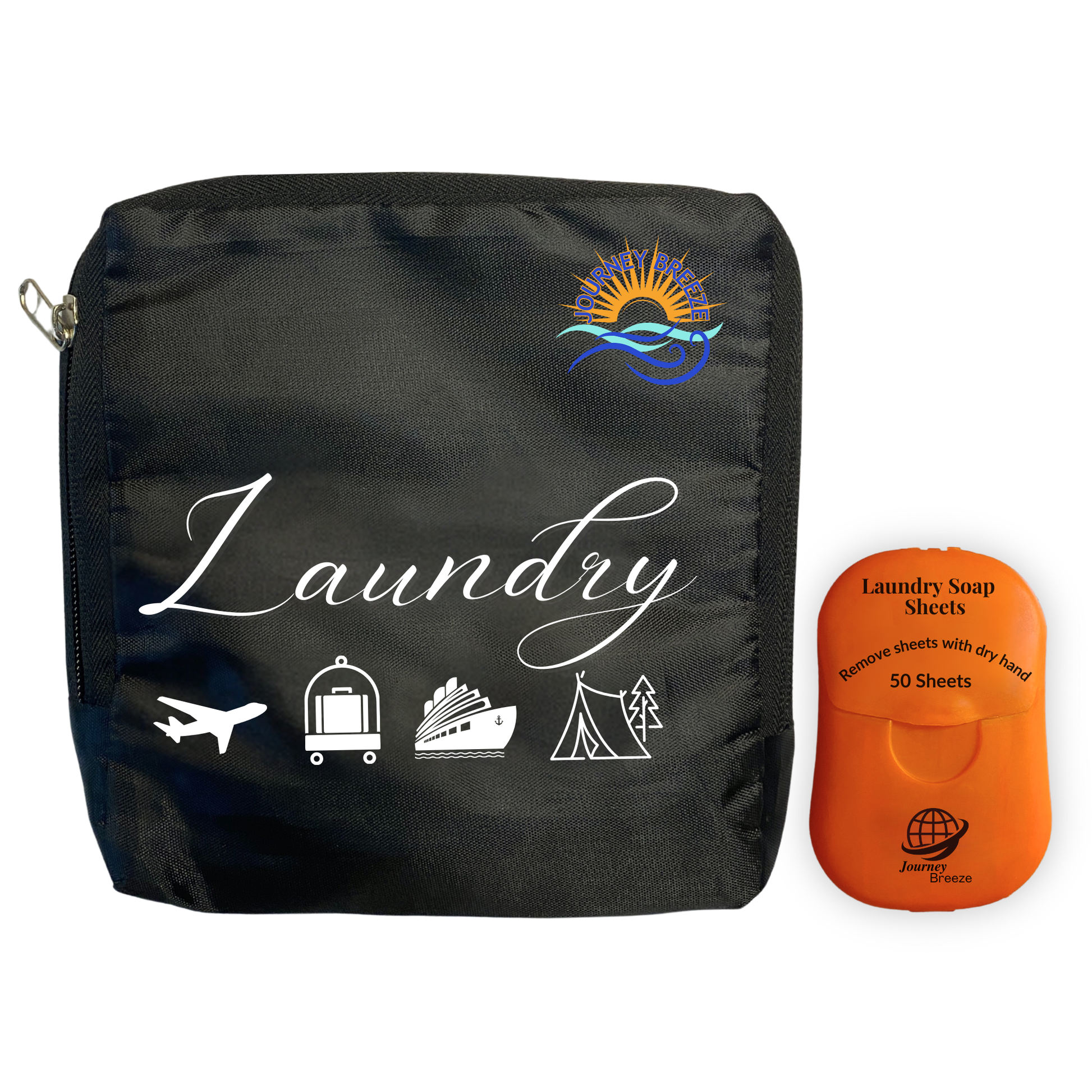 Journey Breeze travel laundry bag with hand-wash detergent sheets for compact, mess-free travel laundry