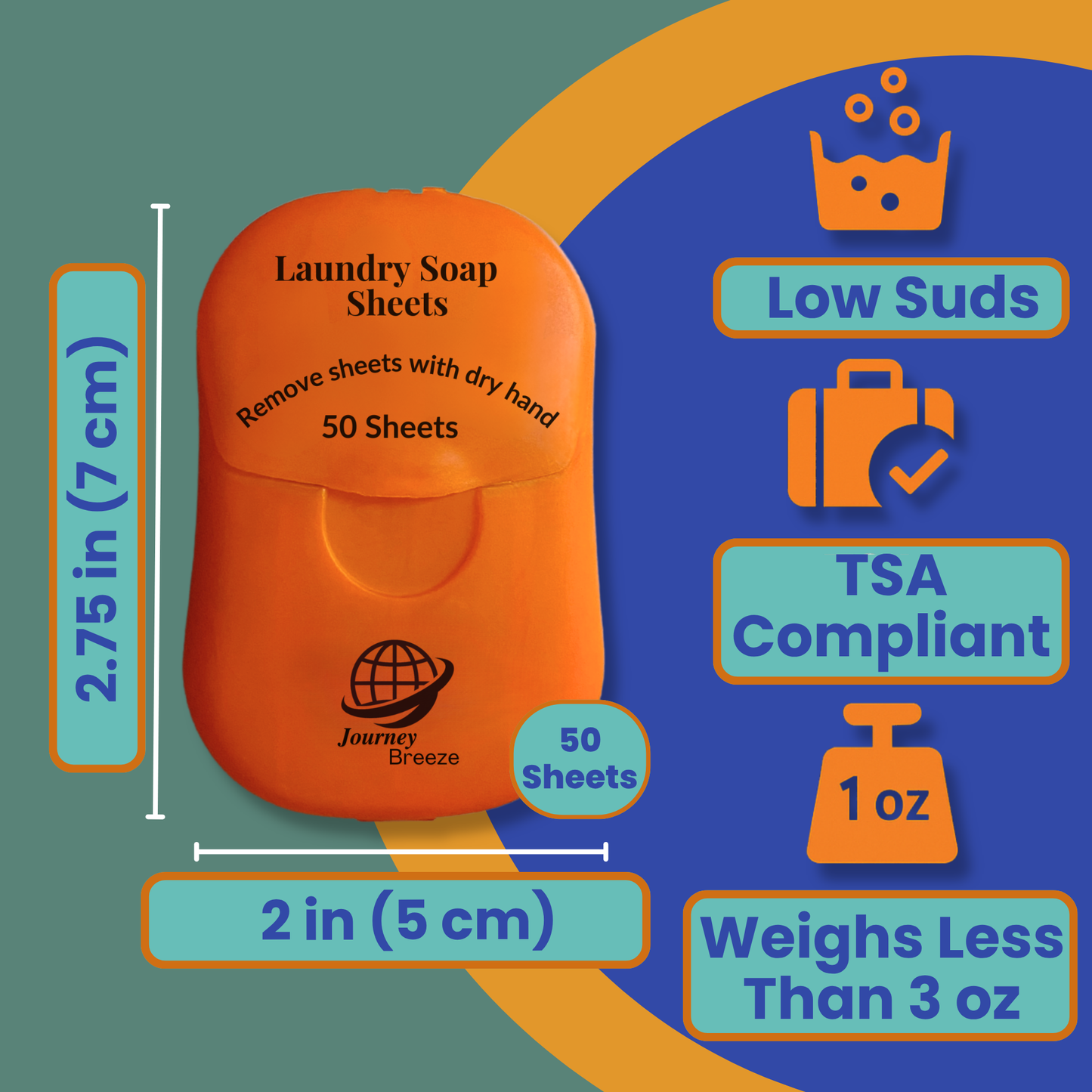 Compact travel laundry detergent sheets with 50 sheets, low suds, TSA compliant, and lightweight design.