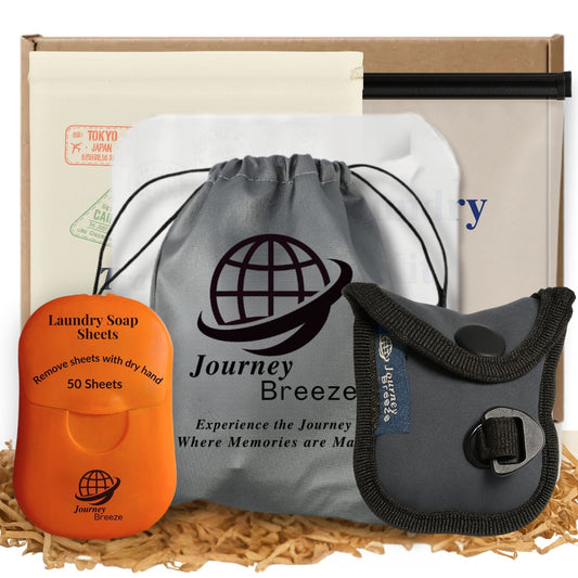 Travel laundry gift set with detergent sheets, clothesline, sink stopper, zip pouch, and canvas bag
