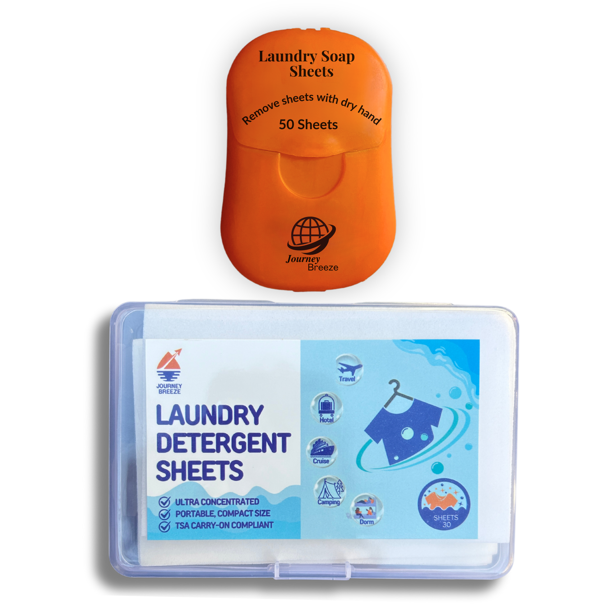 Journey Breeze travel laundry detergent sheets set with orange pocket case and clear storage box for hand or machine wash