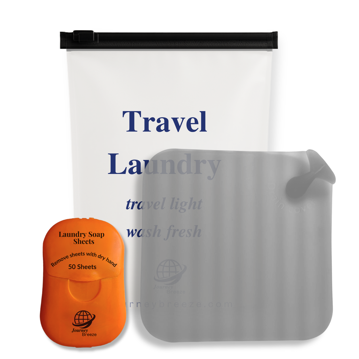 Travel laundry detergent sheets for hand washing with sink stopper and reusable frosted zip pouch.