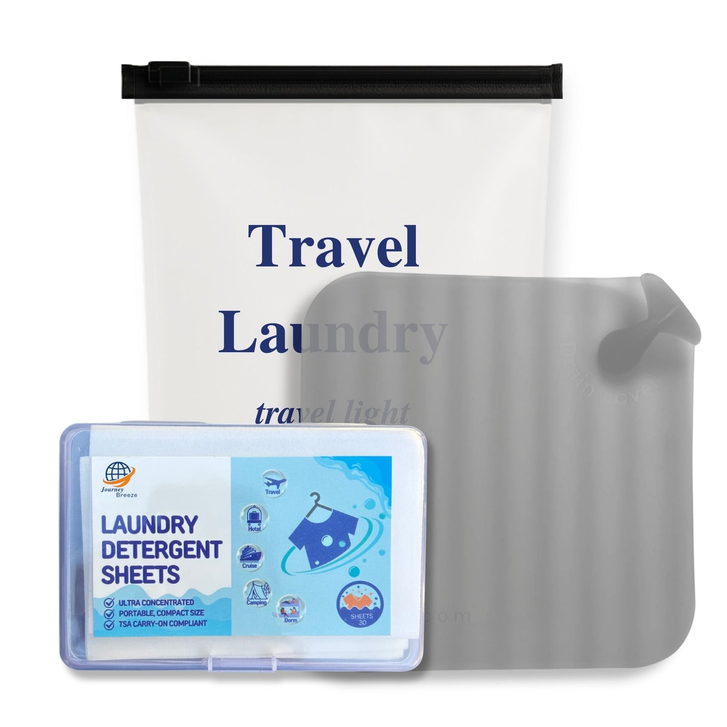 Travel laundry detergent sheets with compact storage pouches for hand or machine washing