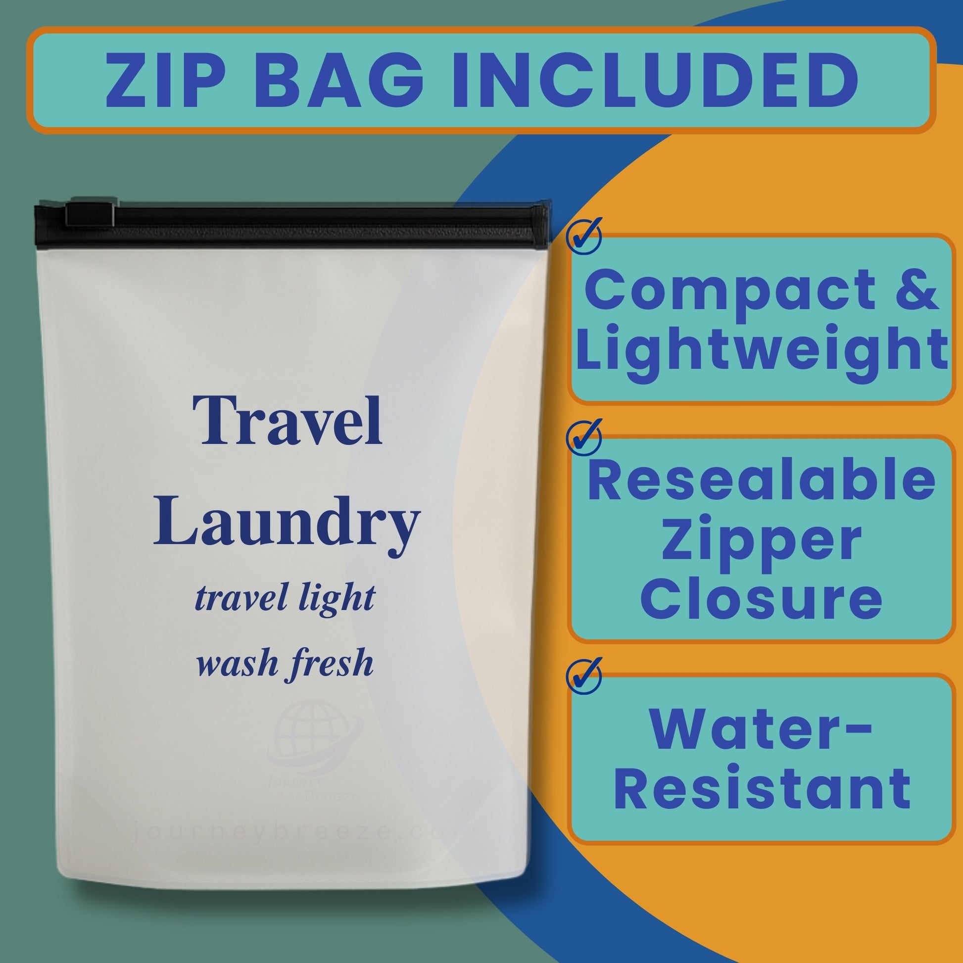 Reusable zip pouch included with Journey Breeze Pocket Travel Laundry Detergent Sheets for compact travel storage