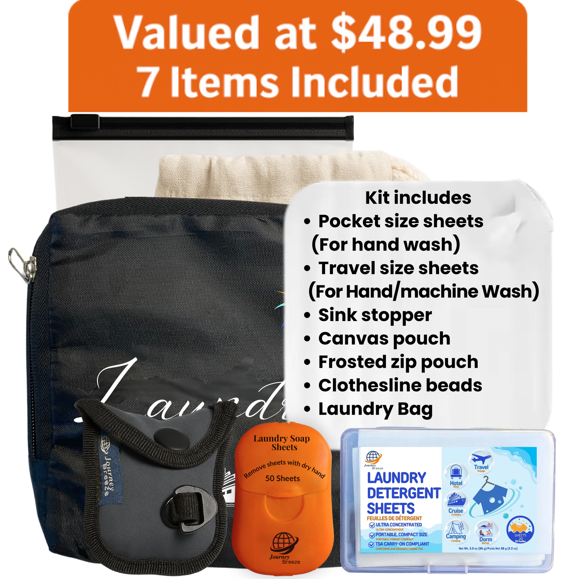 Journey Breeze travel laundry kit with 7 items including detergent sheets, clothesline beads, sink stopper, canvas bag, laundry bag, and zip pouch