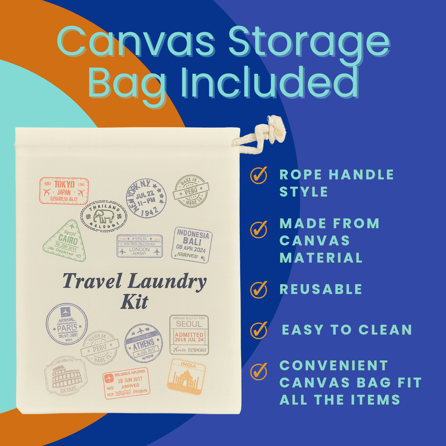 Reusable canvas storage bag included with travel laundry kit, rope handle and compact design
